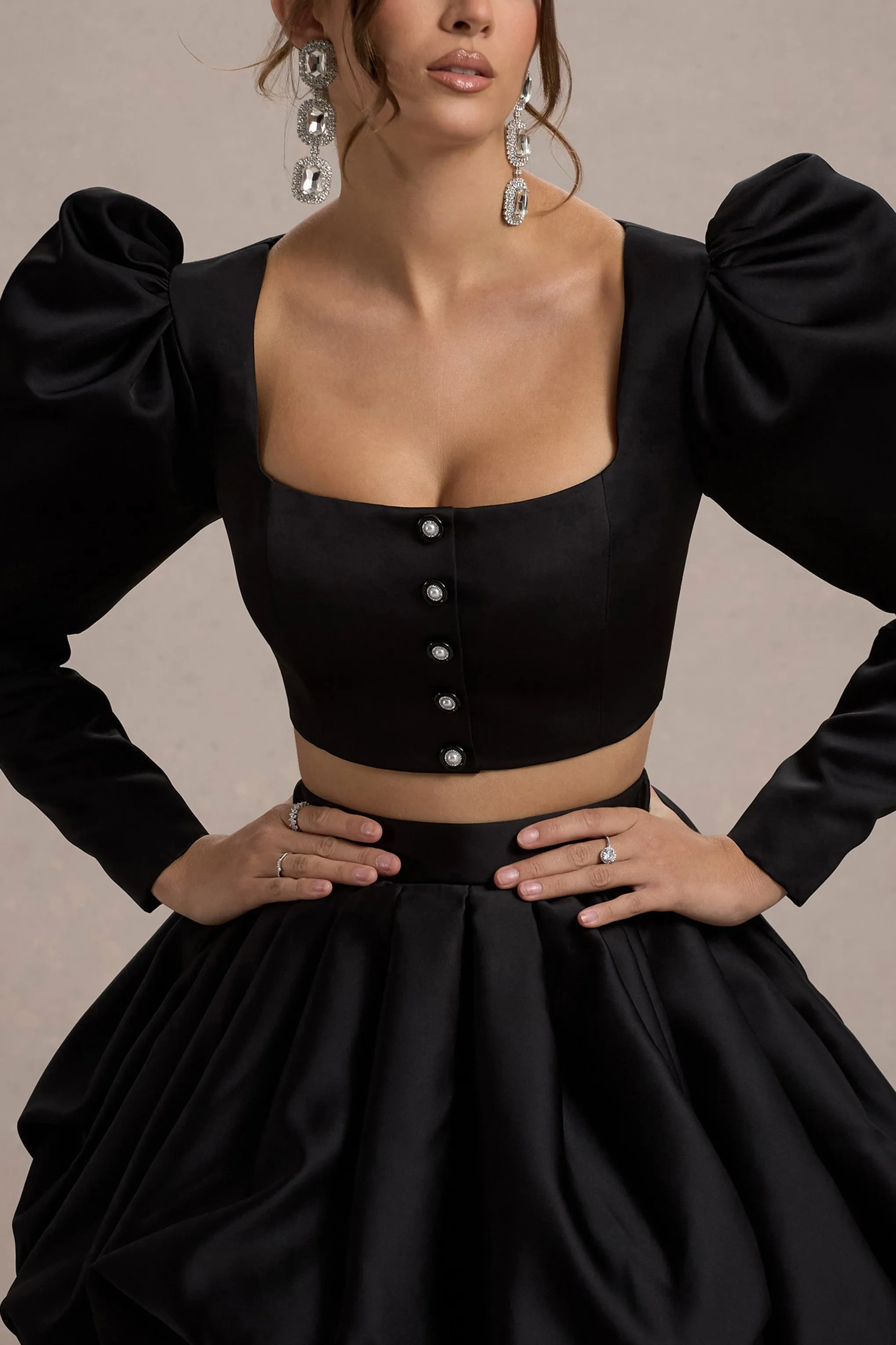 Eloisa | Black Satin Puff-Sleeve Cropped Jacket sold by Club L London product image thumbnail 3