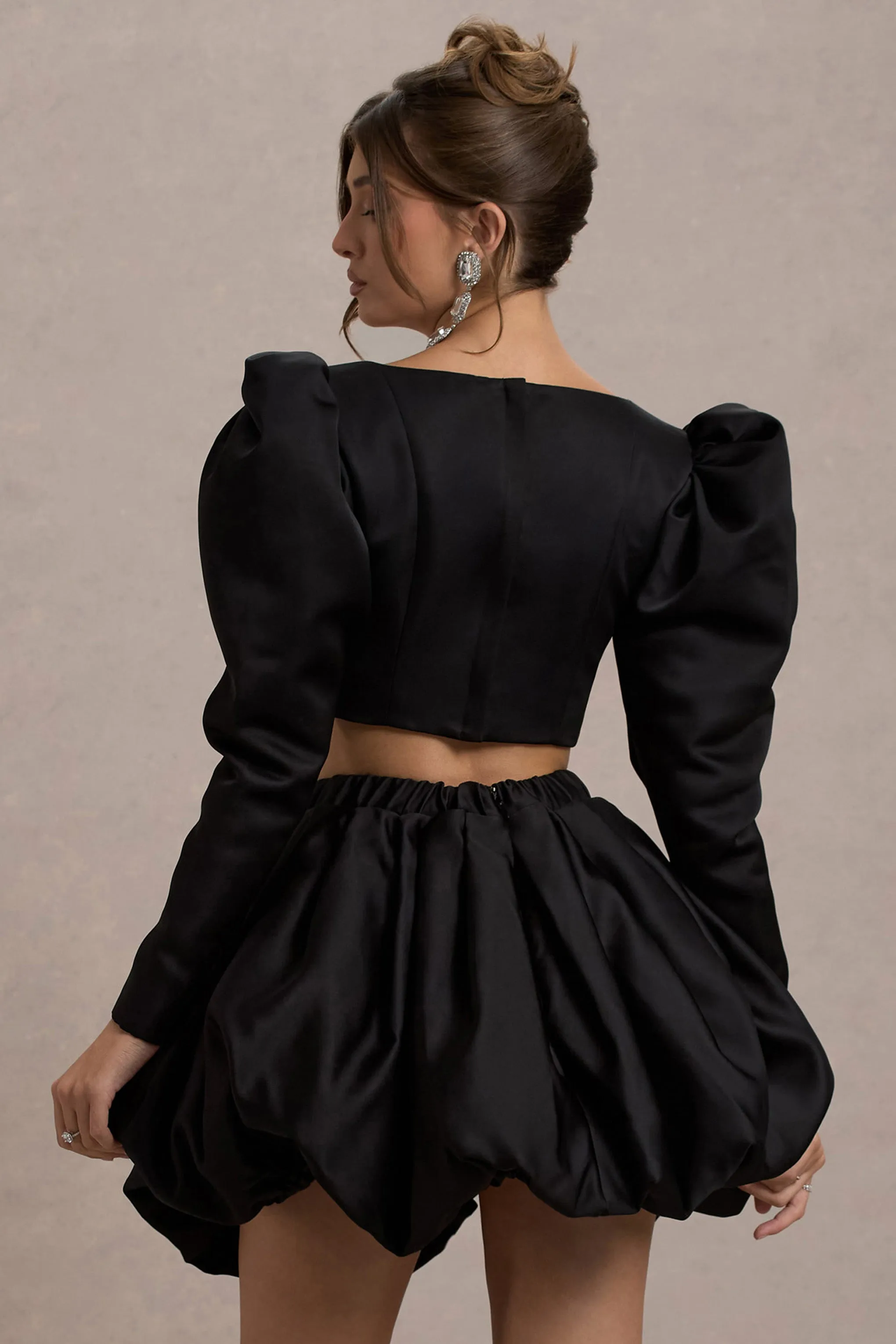 Eloisa | Black Satin Puff-Sleeve Cropped Jacket sold by Club L London product image thumbnail 2
