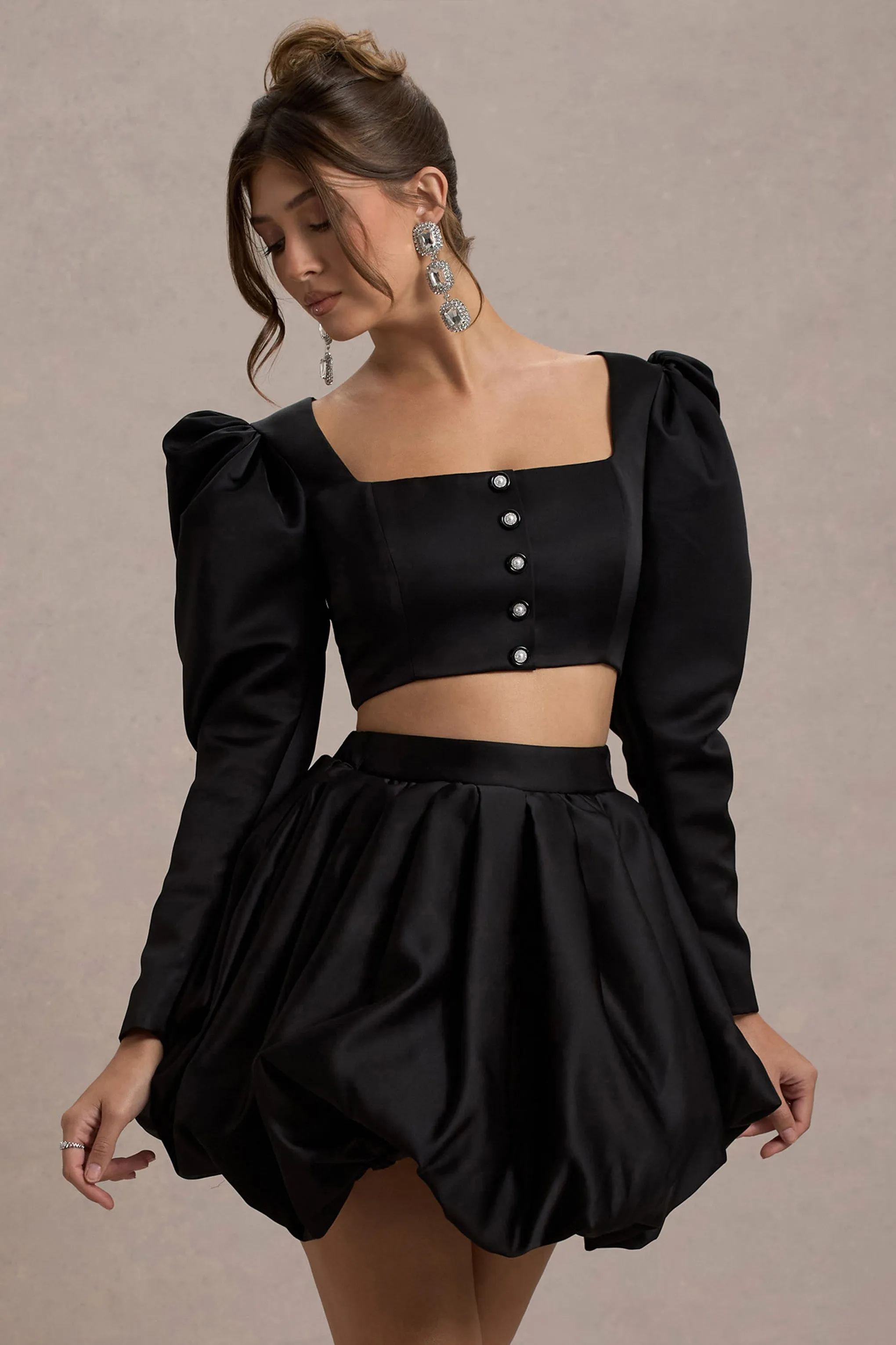 Eloisa | Black Satin Puff-Sleeve Cropped Jacket sold by Club L London product image thumbnail 5