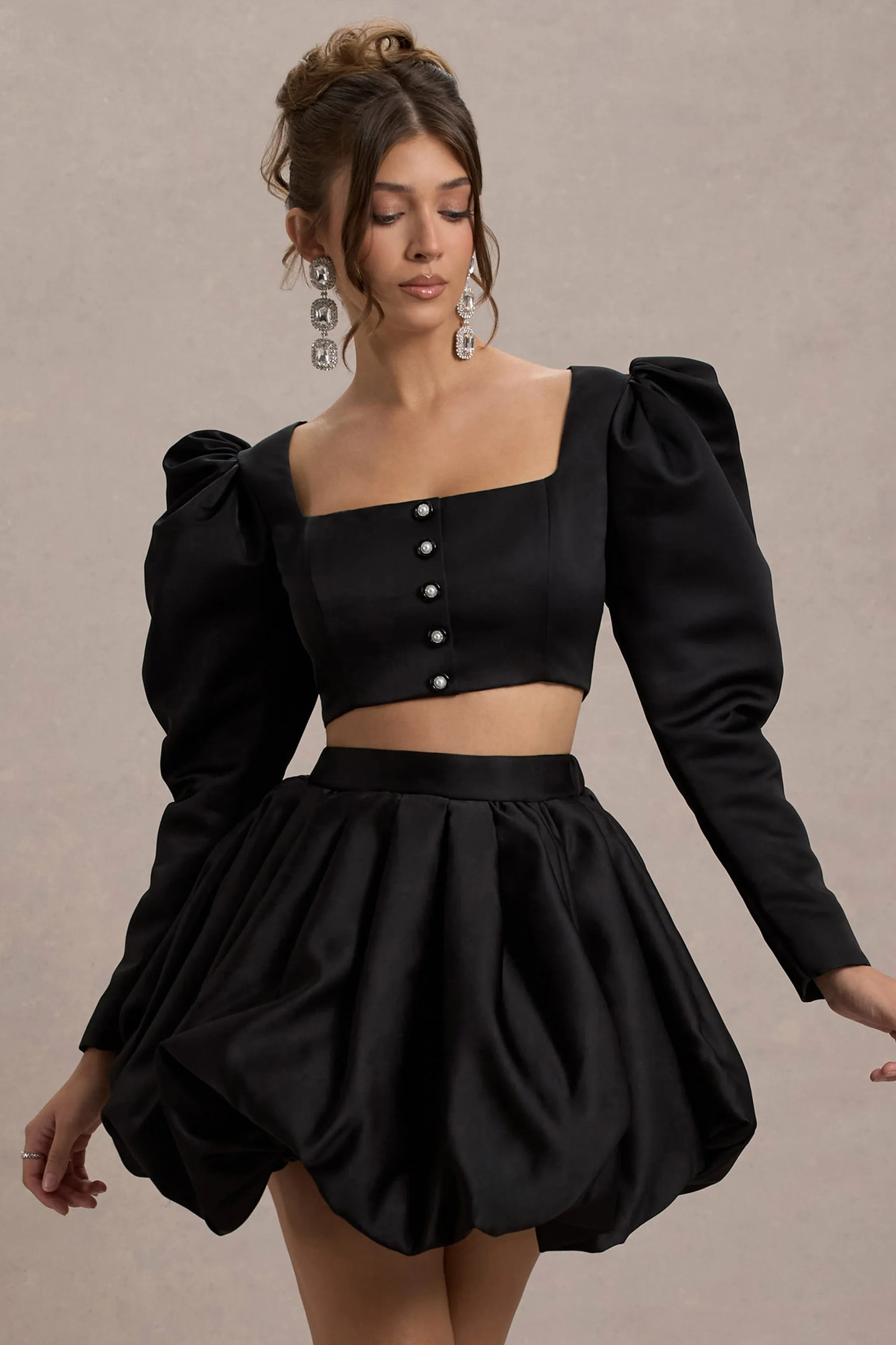 Eloisa | Black Satin Puff-Sleeve Cropped Jacket sold by Club L London product image thumbnail 4