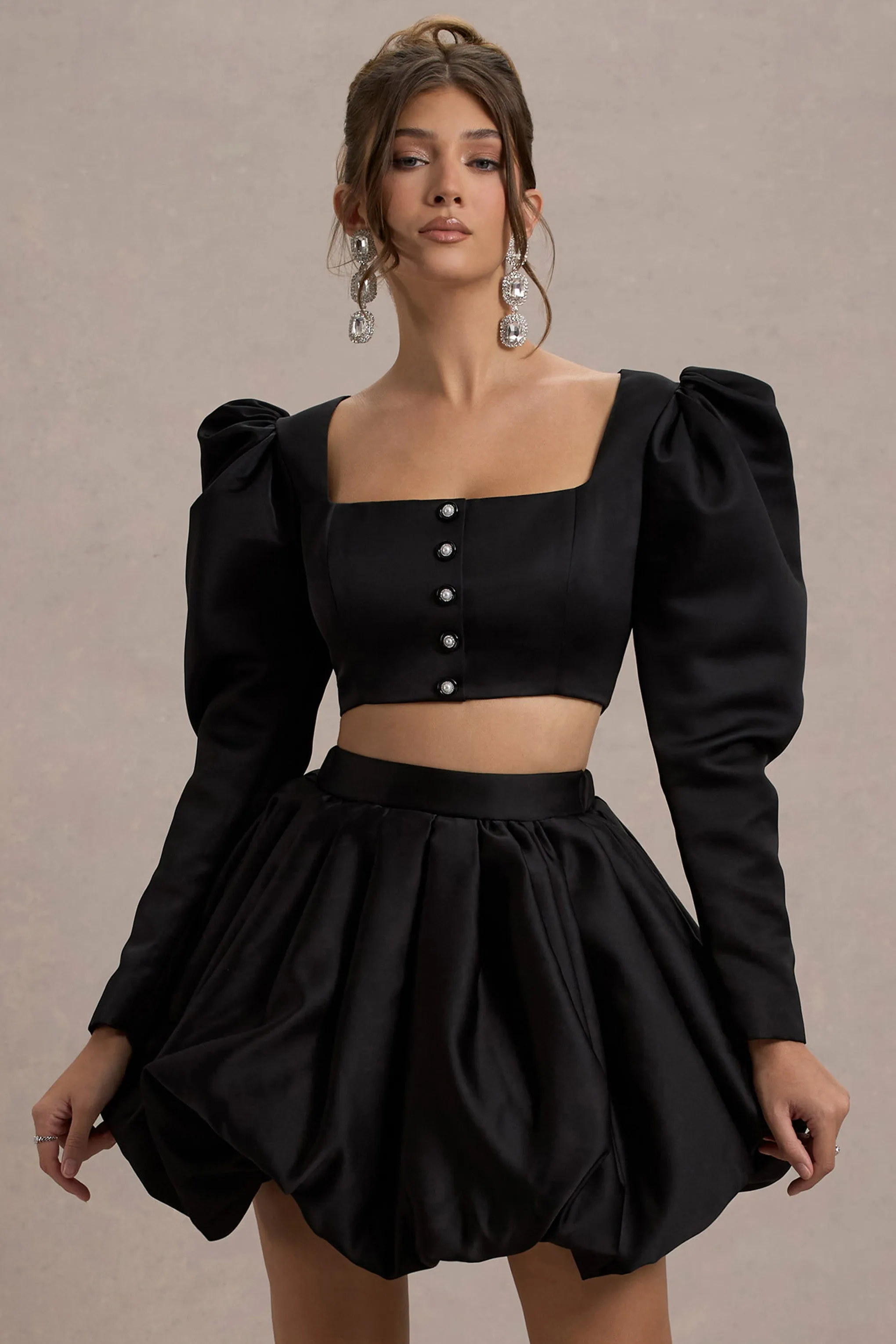 Eloisa | Black Satin Puff-Sleeve Cropped Jacket sold by Club L London