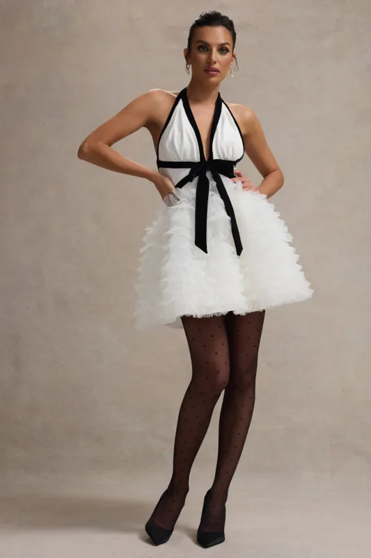Eclair | Black & White Plunge-Neck Mini Dress With Tulle Skirt sold by Club L London