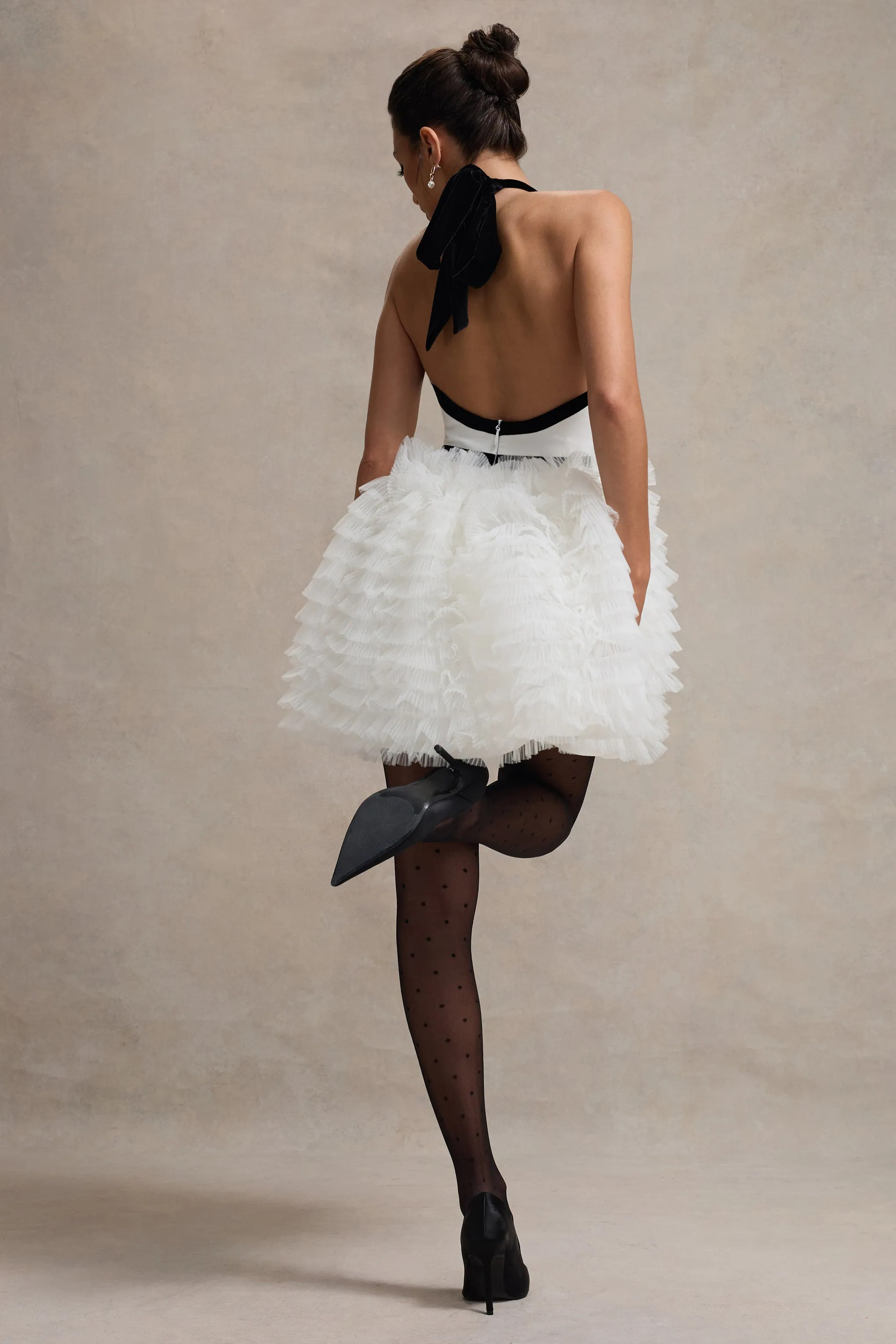 Eclair | Black & White Plunge-Neck Mini Dress With Tulle Skirt sold by Club L London product image thumbnail 2