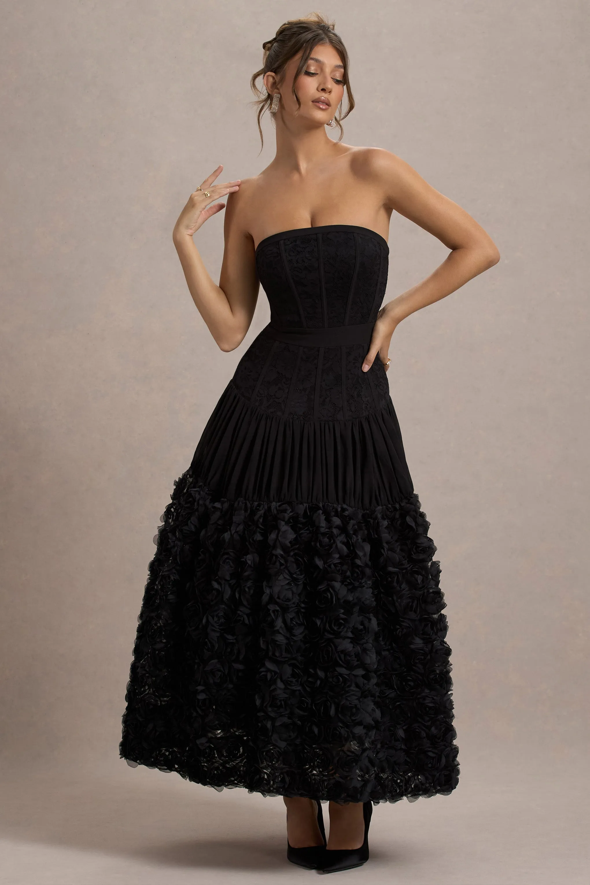 Dame | Black Lace Bandeau Midi Dress With Floral Hem sold by Club L London product image thumbnail 5