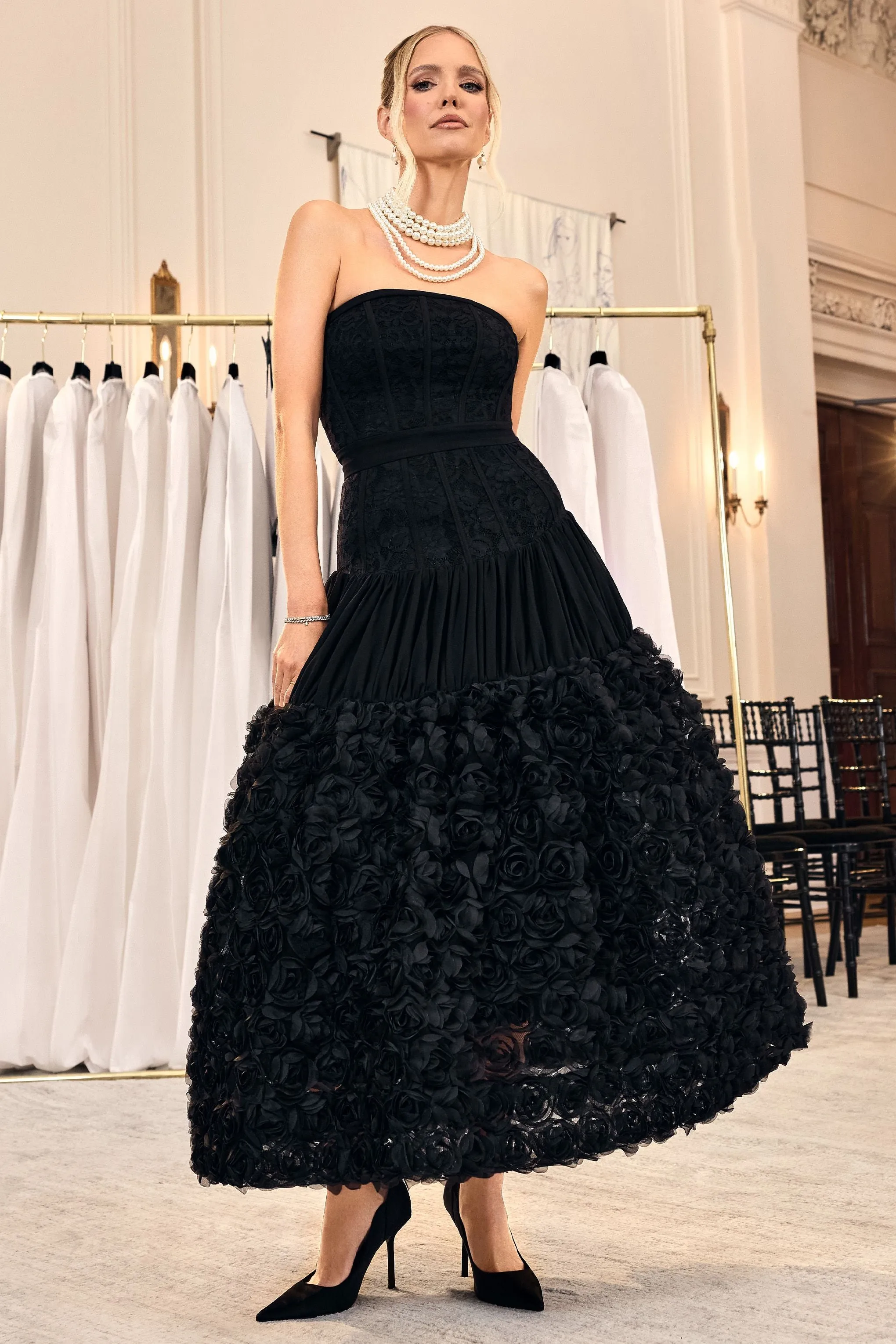 Dame | Black Lace Bandeau Midi Dress With Floral Hem sold by Club L London