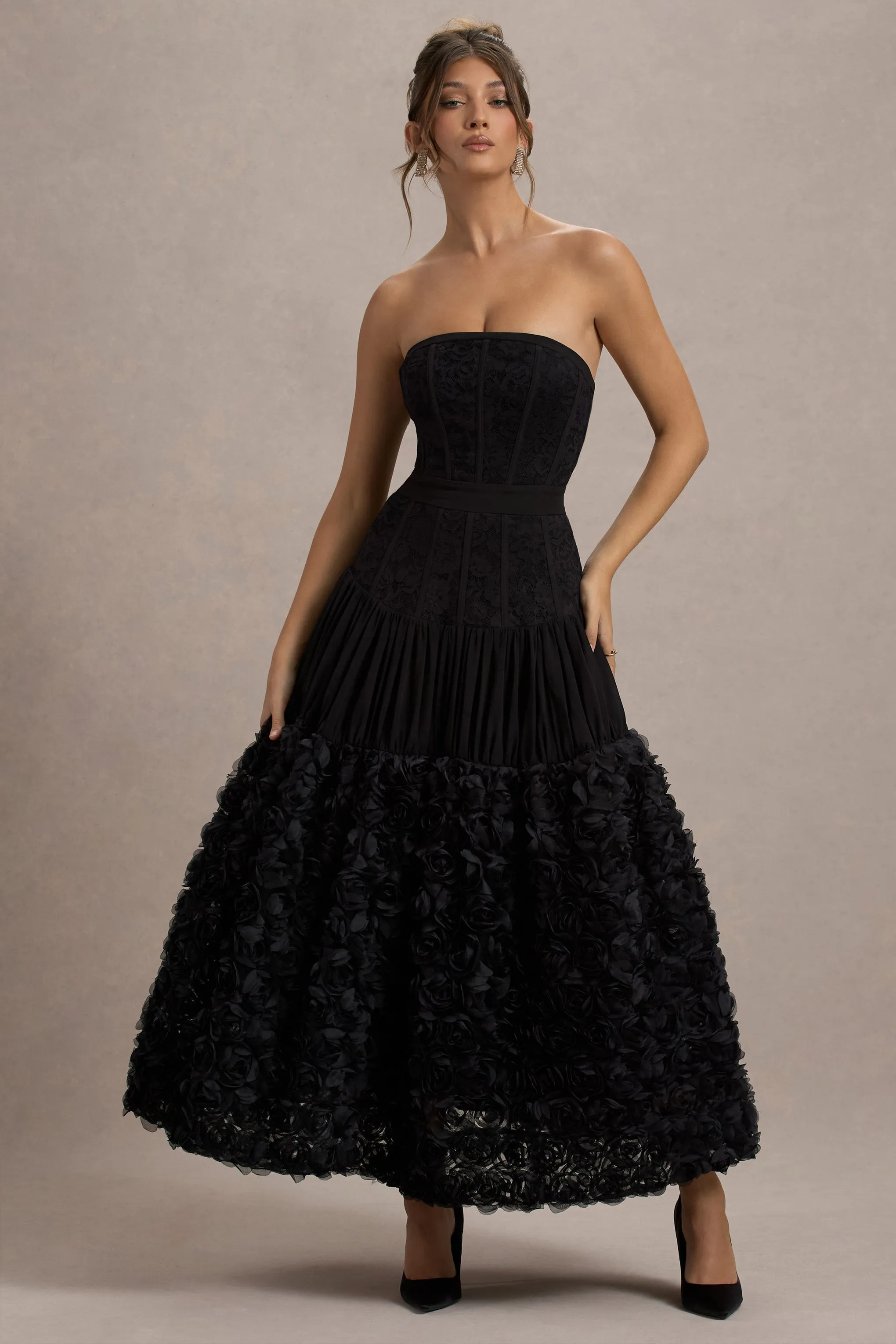 Dame | Black Lace Bandeau Midi Dress With Floral Hem sold by Club L London product image thumbnail 4