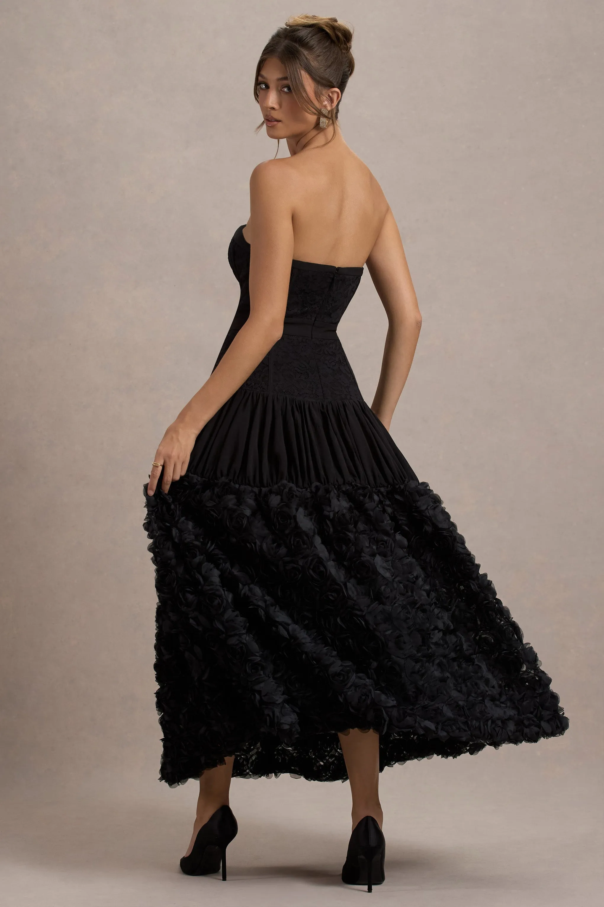Dame | Black Lace Bandeau Midi Dress With Floral Hem sold by Club L London product image thumbnail 3
