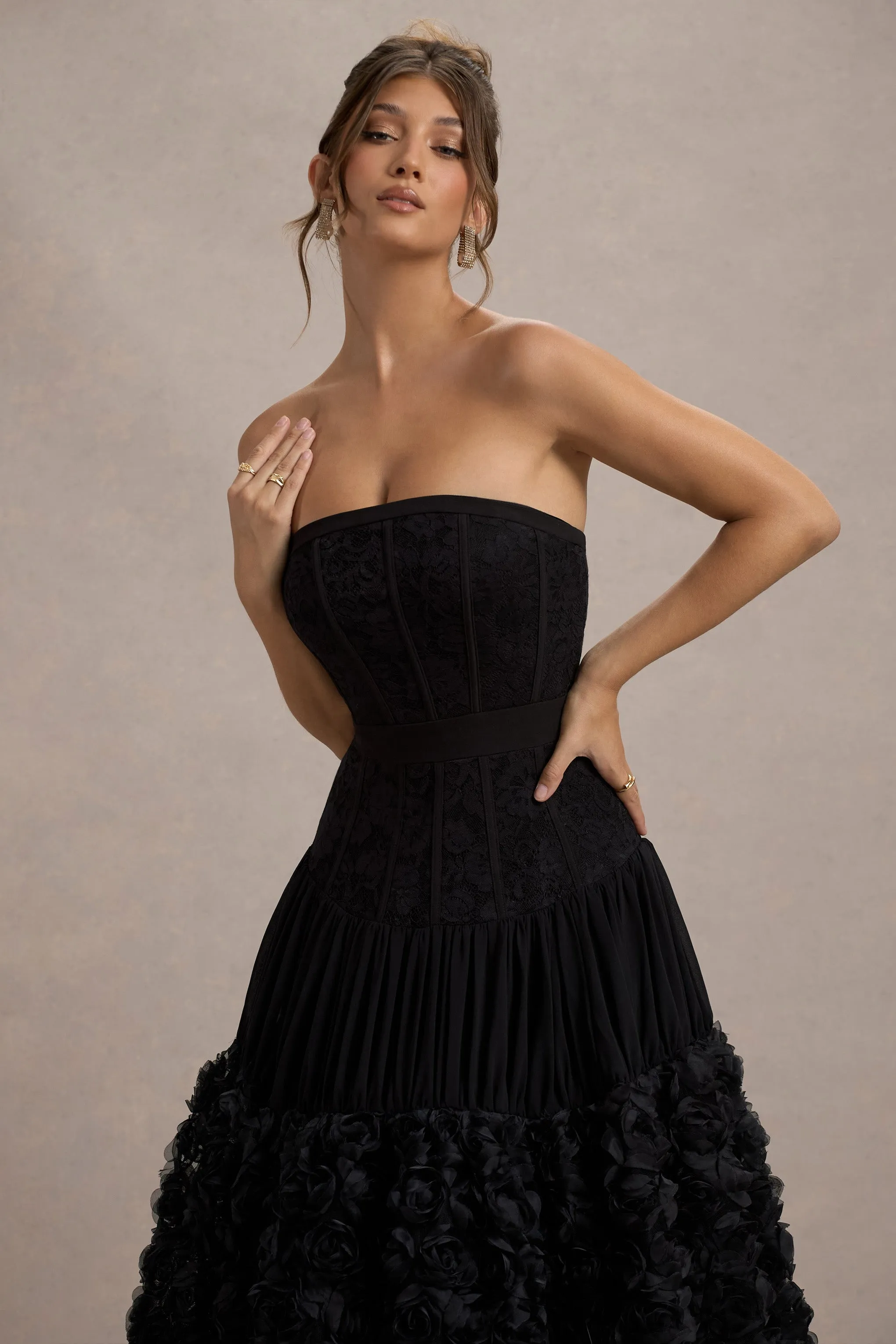 Dame | Black Lace Bandeau Midi Dress With Floral Hem sold by Club L London product image thumbnail 2