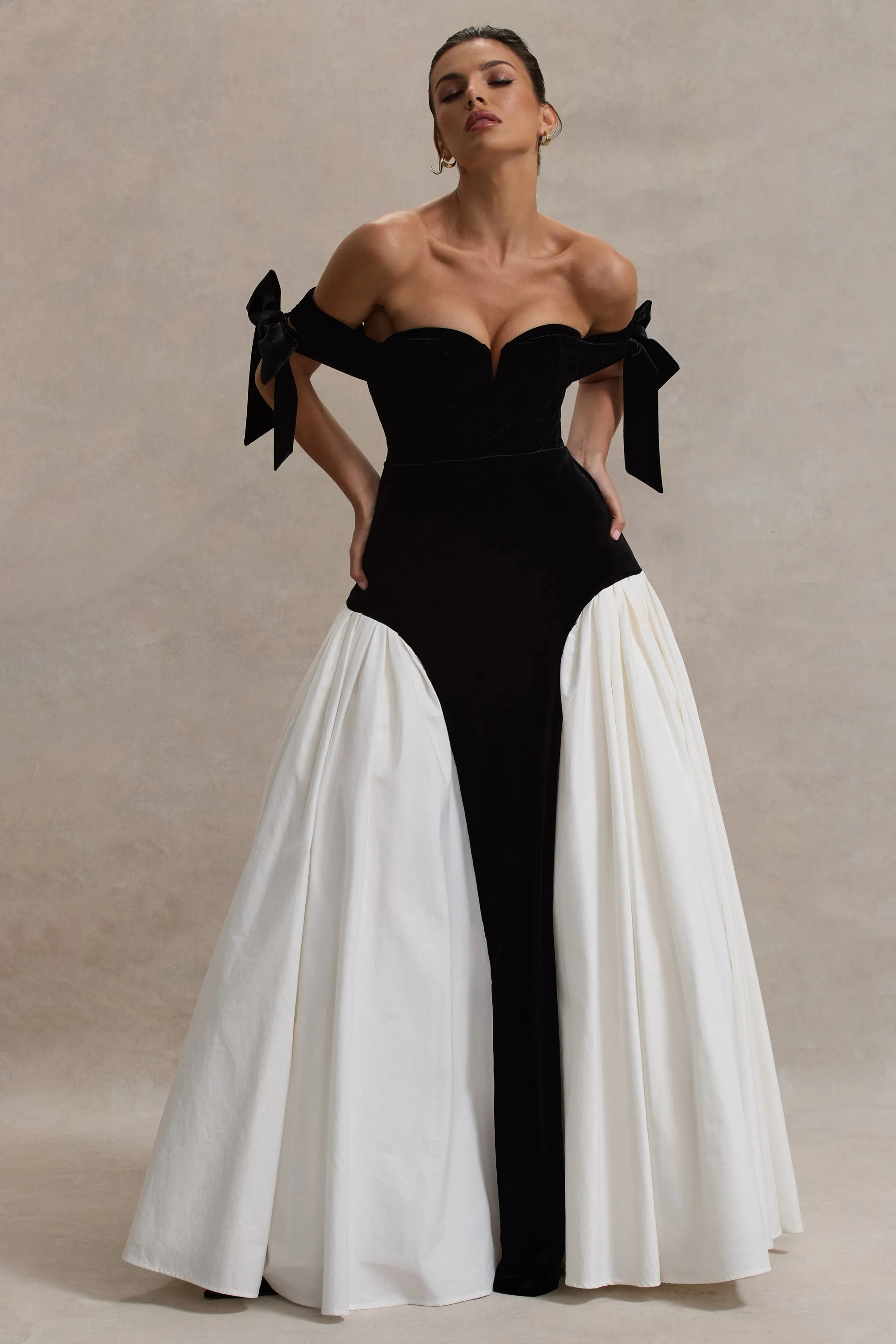 Cyndi | Black & Cream Velvet Bardot Maxi Dress With Volume Skirt sold by Club L London product image thumbnail 3