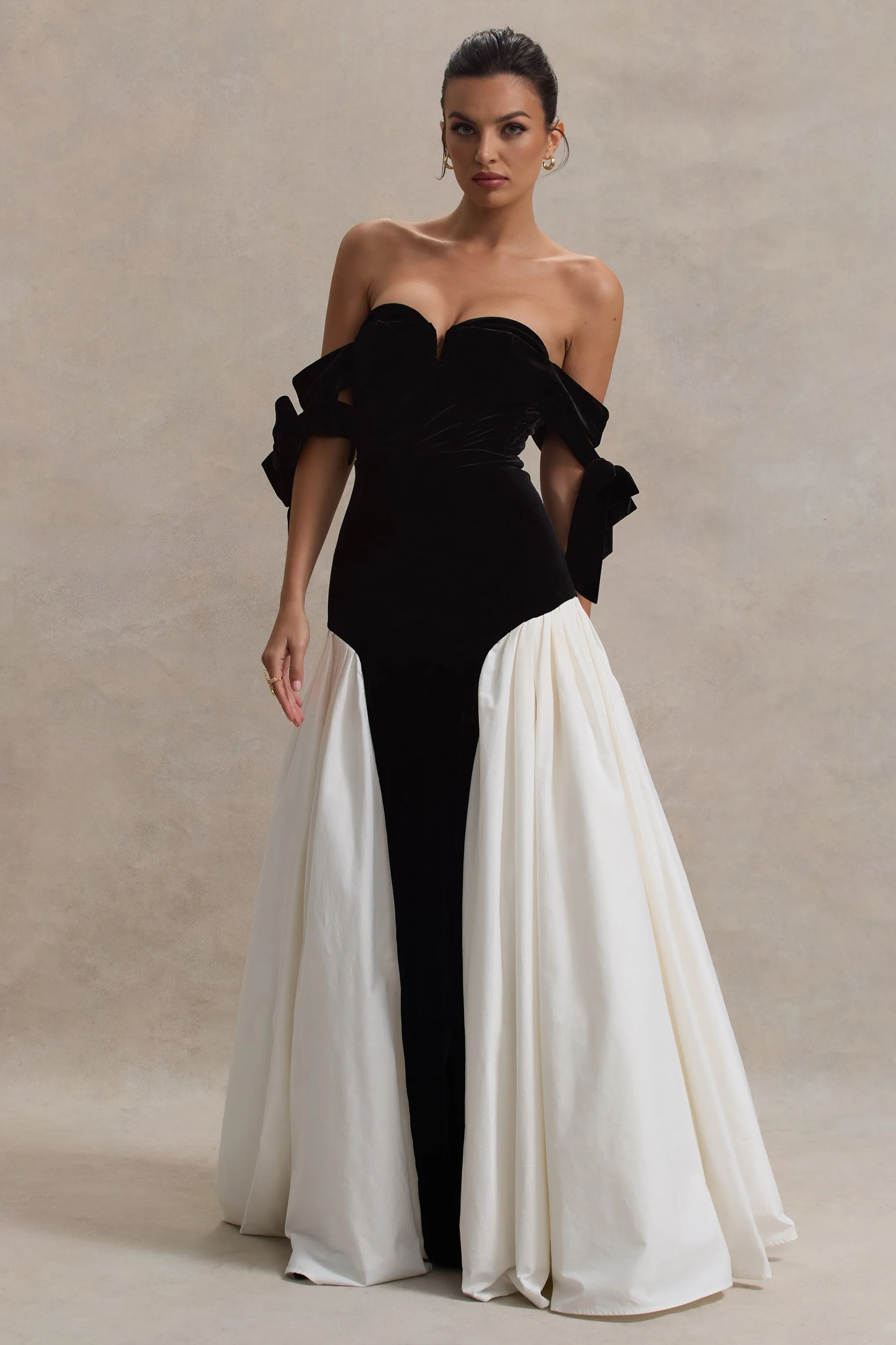 Cyndi | Black & Cream Velvet Bardot Maxi Dress With Volume Skirt sold by Club L London product image thumbnail 5