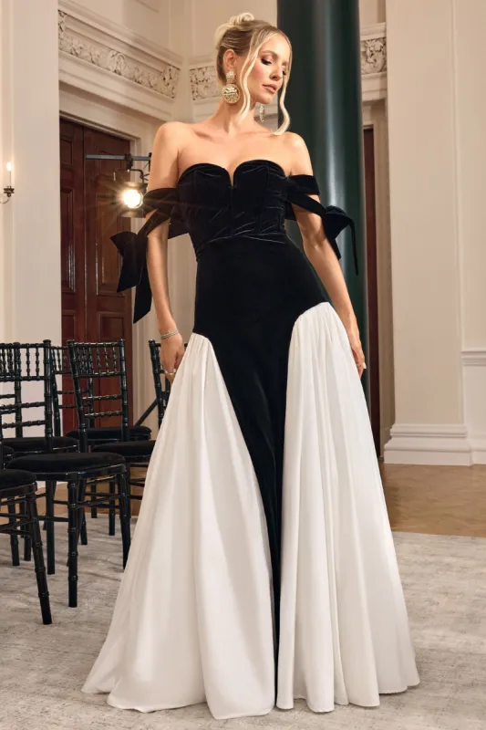 Cyndi | Black & Cream Velvet Bardot Maxi Dress With Volume Skirt sold by Club L London