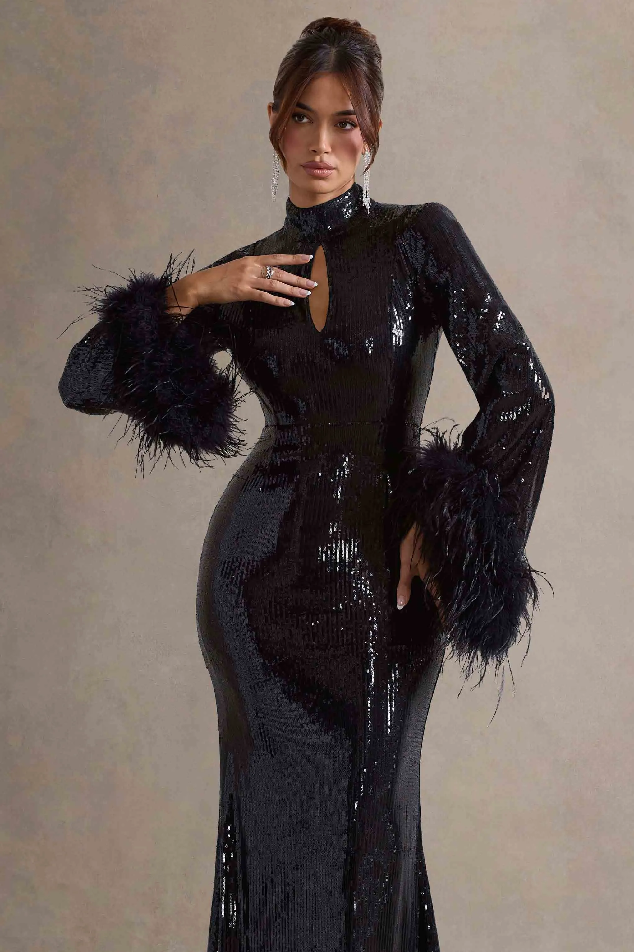 Cosmic Star | Black Sequin High-Neck Maxi Dress With Feather Cuffs sold by Club L London product image thumbnail 3