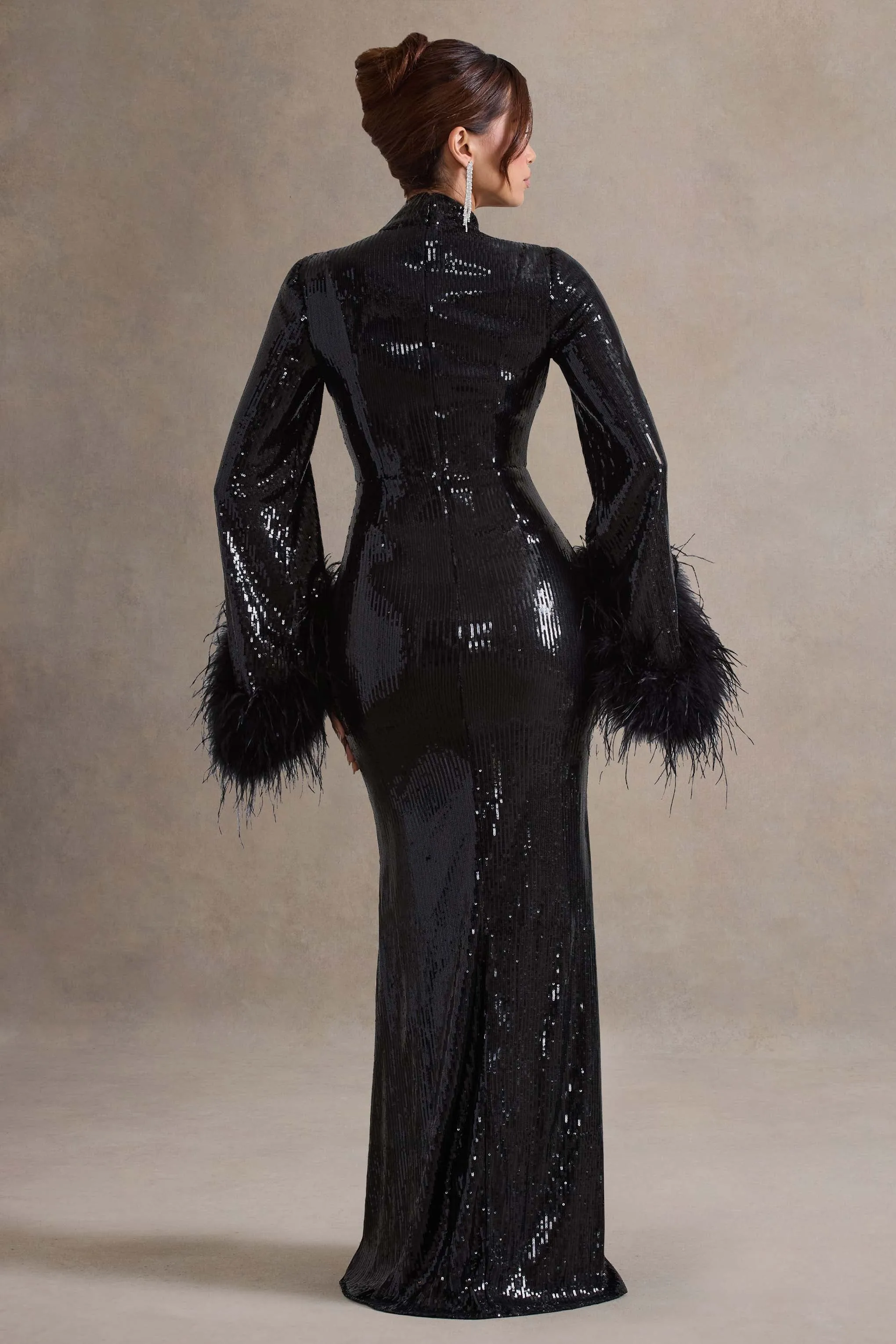 Cosmic Star | Black Sequin High-Neck Maxi Dress With Feather Cuffs sold by Club L London product image thumbnail 2