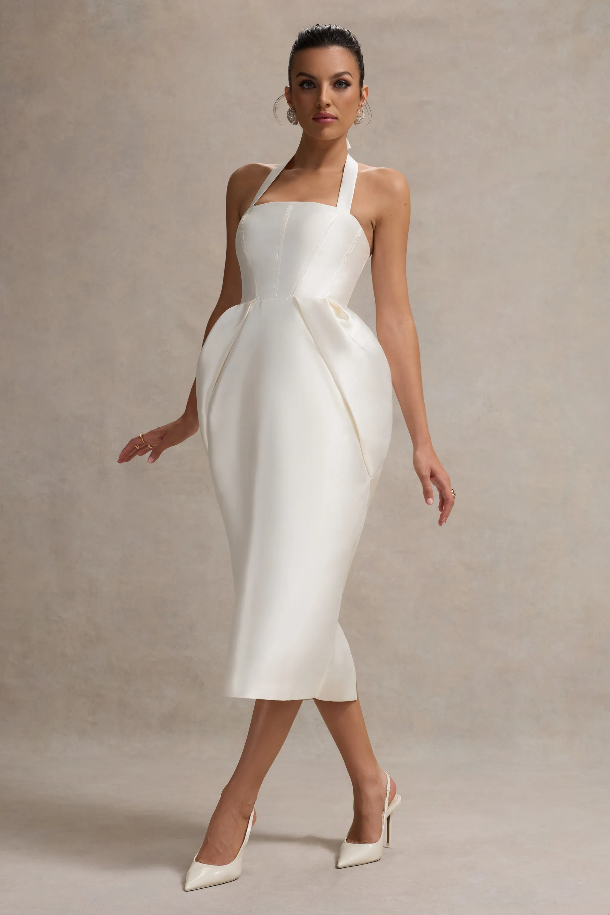 Cosetta | White Halter-Neck Midi Dress With Tulip Skirt sold by Club L London product image thumbnail 3