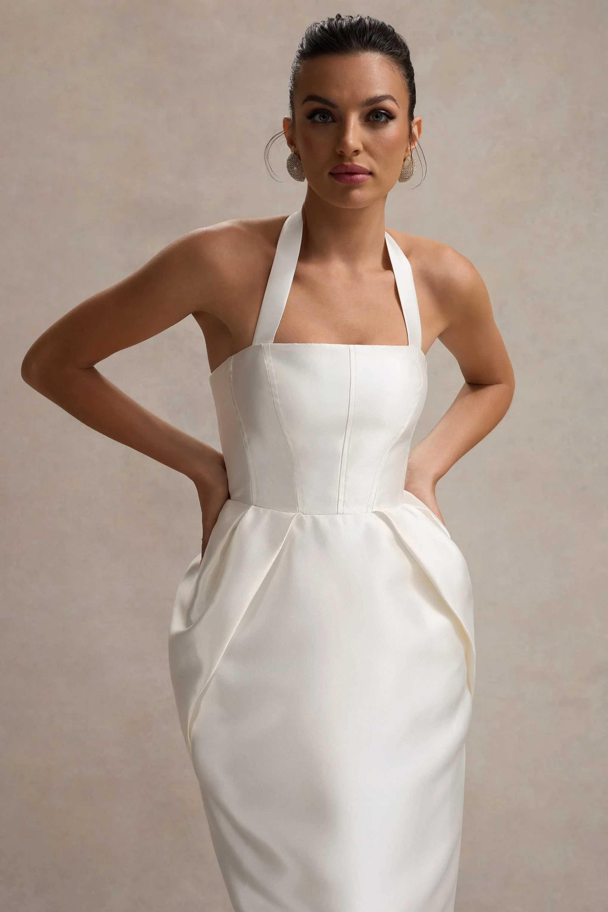 Cosetta | White Halter-Neck Midi Dress With Tulip Skirt sold by Club L London product image thumbnail 4