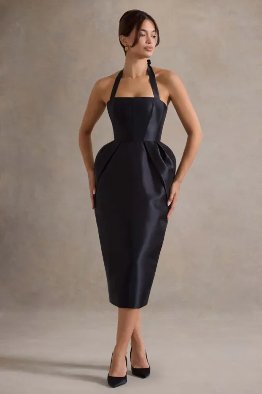 Cosetta | Black Halter-Neck Midi Dress With Tulip Skirt sold by Club L London