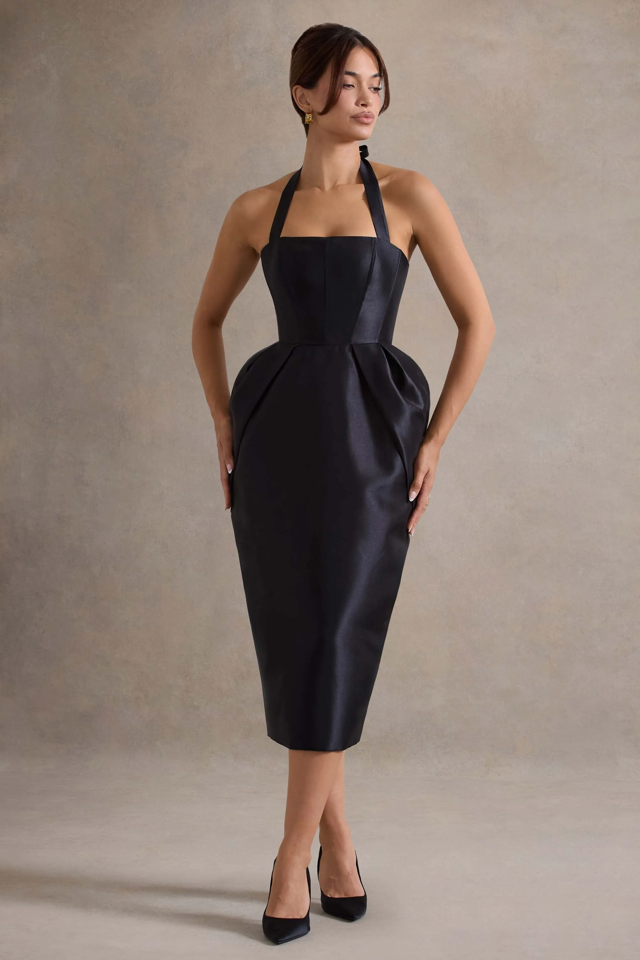 Cosetta | Black Halter-Neck Midi Dress With Tulip Skirt sold by Club L London