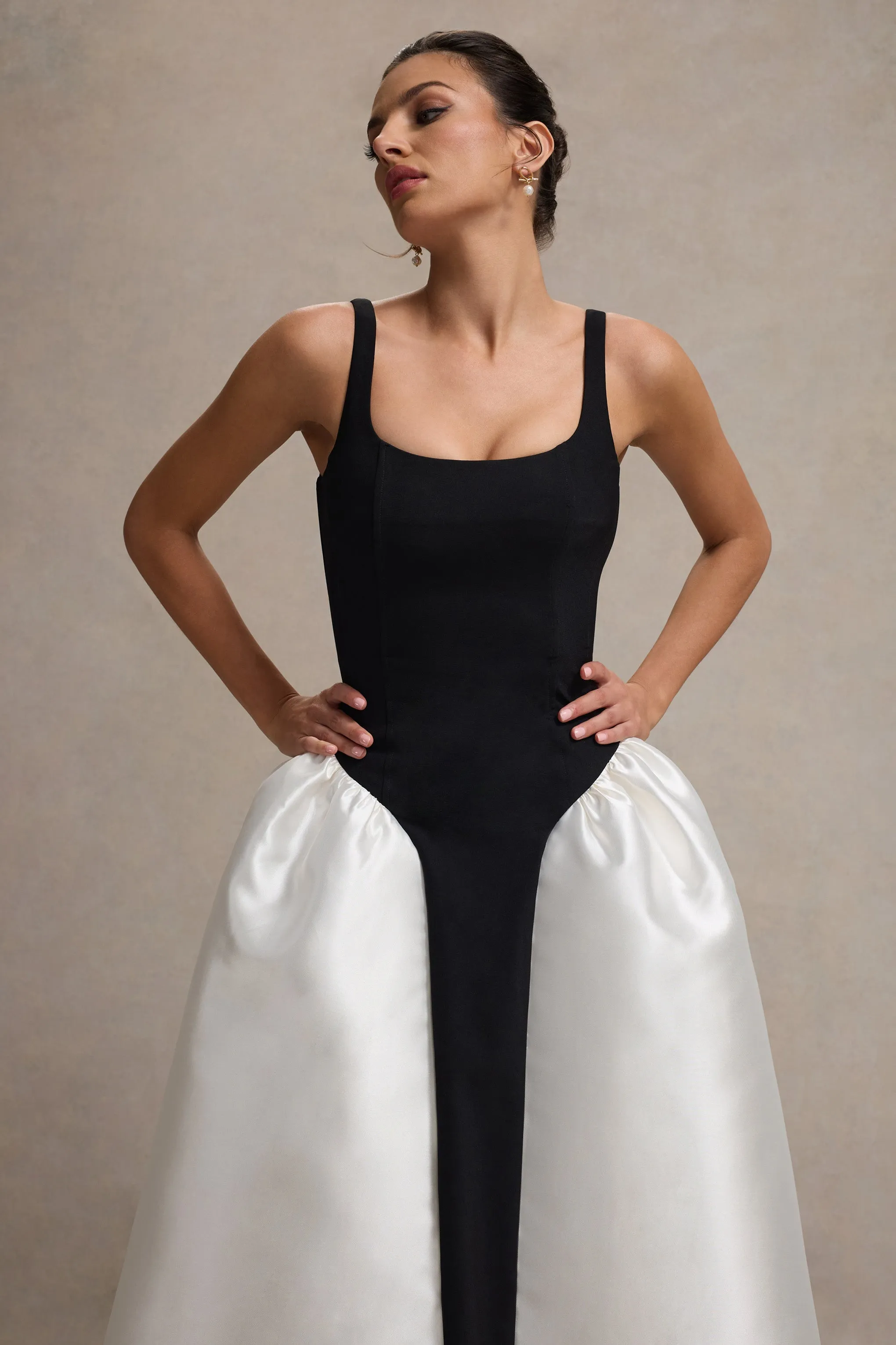 Christie | Black and Cream Scoop-Neck Midi Dress With Volume Skirt sold by Club L London product image thumbnail 3