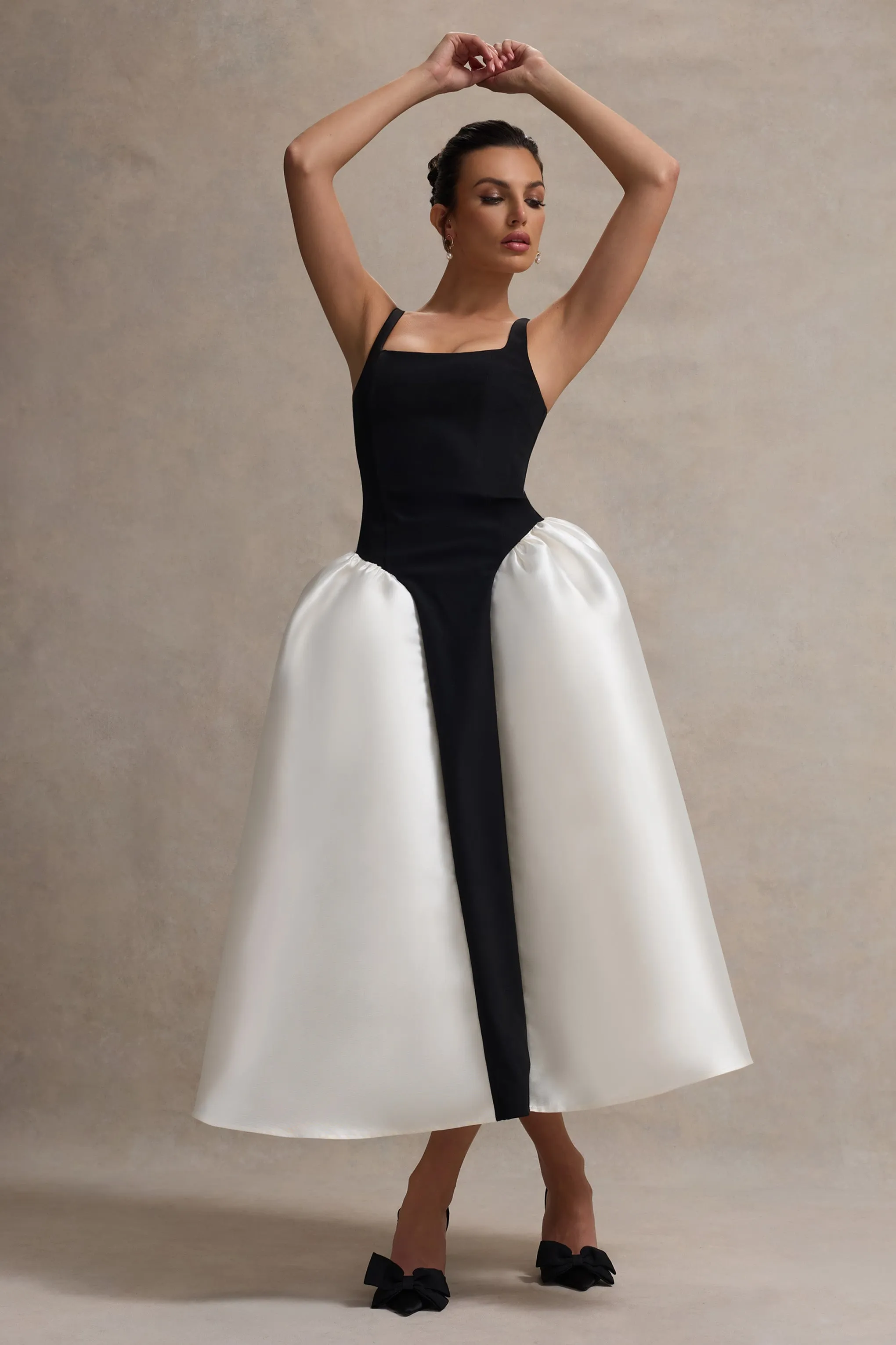 Christie | Black and Cream Scoop-Neck Midi Dress With Volume Skirt sold by Club L London product image thumbnail 5