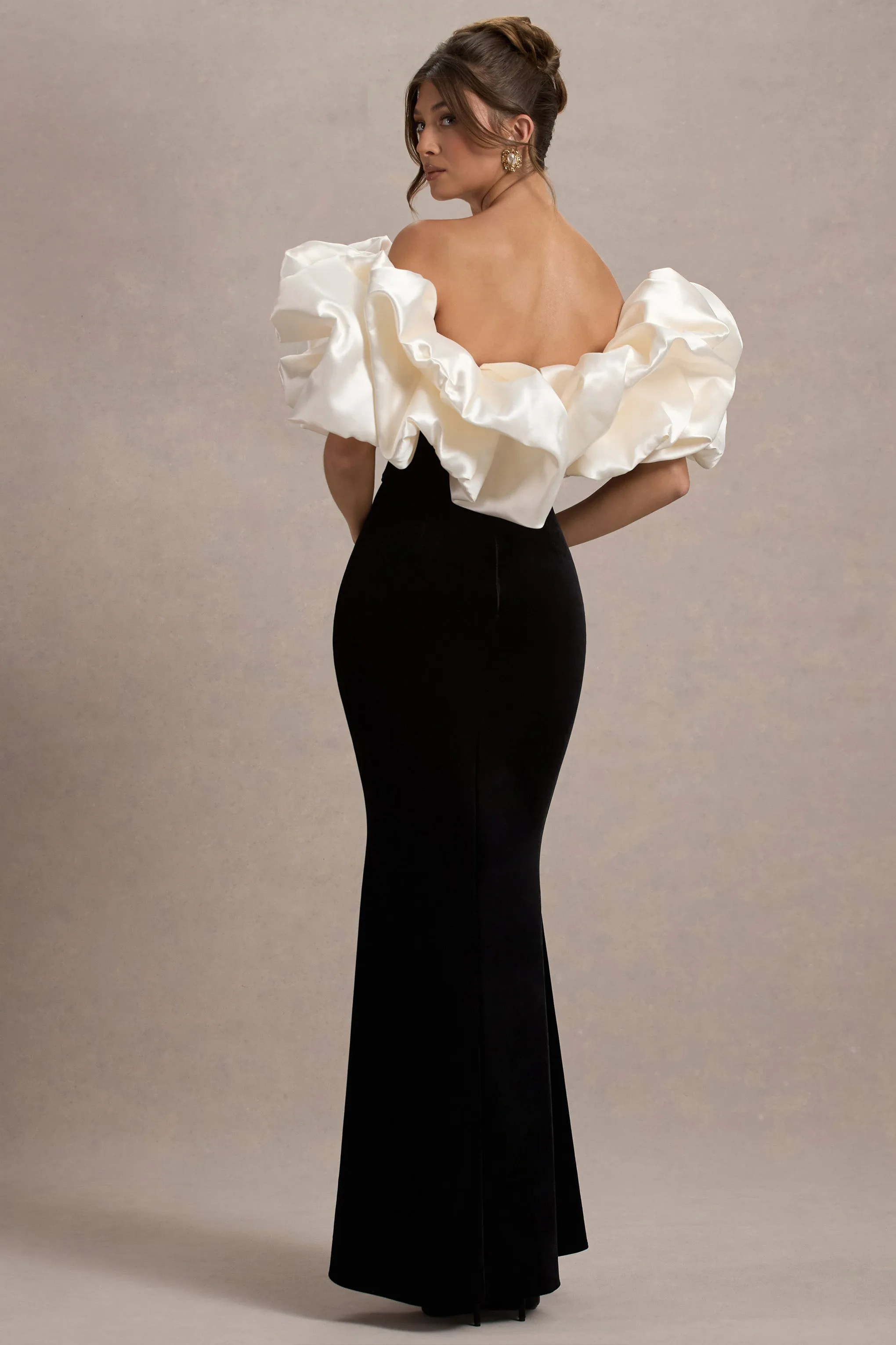 Cecily | Black Velvet Bardot Maxi Dress With Satin Ruffle Trim sold by Club L London product image thumbnail 2