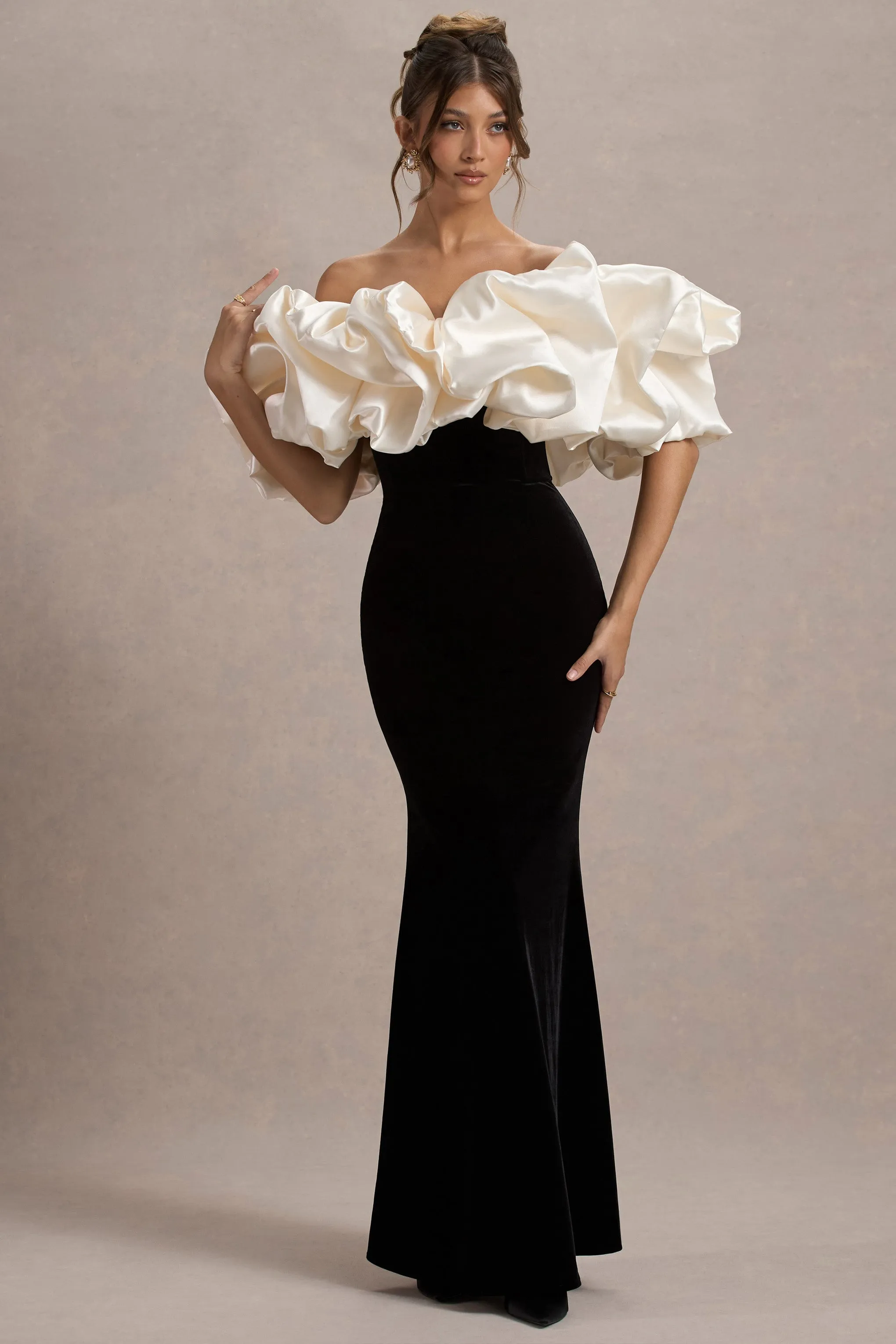 Cecily | Black Velvet Bardot Maxi Dress With Satin Ruffle Trim sold by Club L London product image thumbnail 4