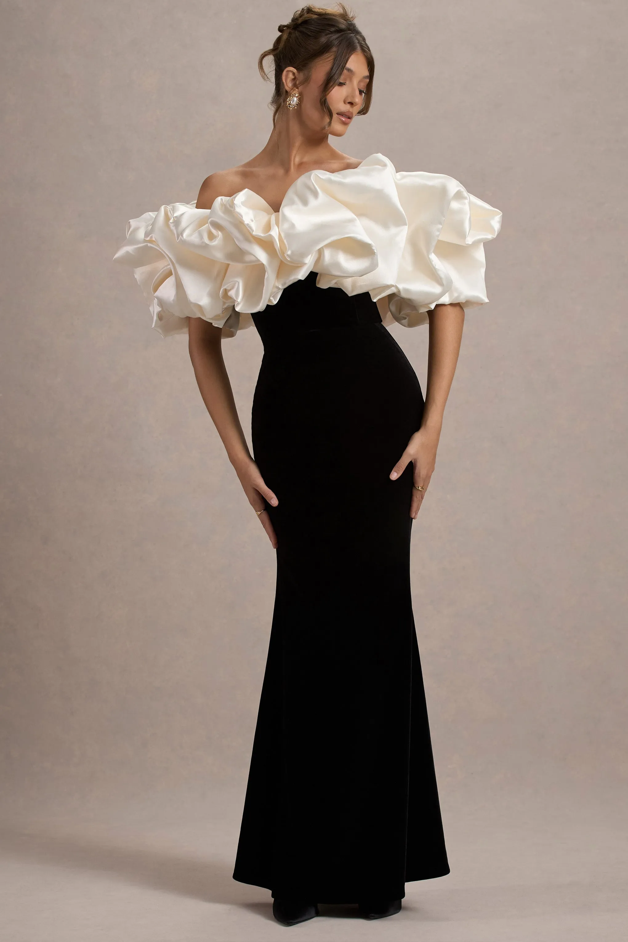 Cecily | Black Velvet Bardot Maxi Dress With Satin Ruffle Trim sold by Club L London