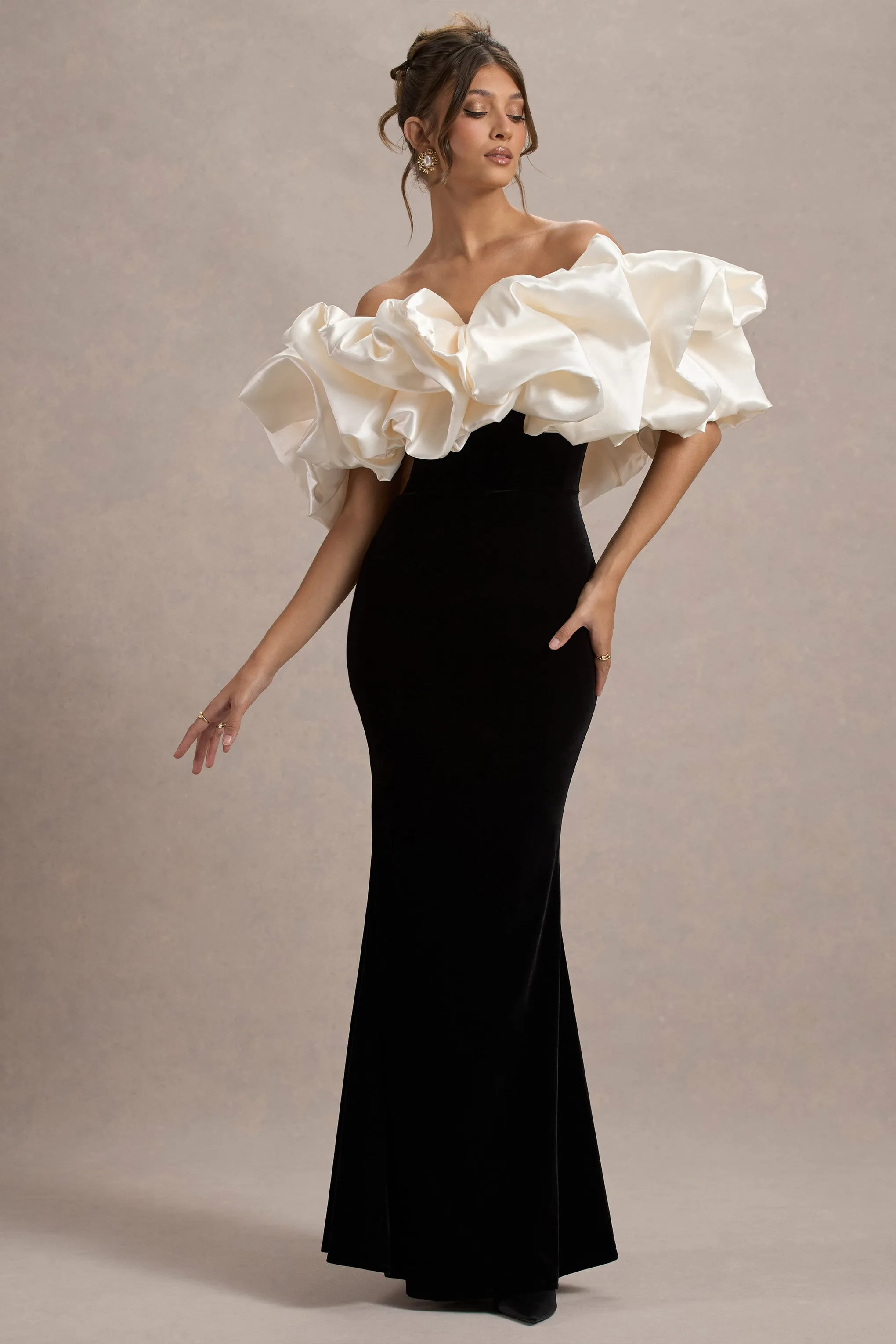 Cecily | Black Velvet Bardot Maxi Dress With Satin Ruffle Trim sold by Club L London product image thumbnail 5