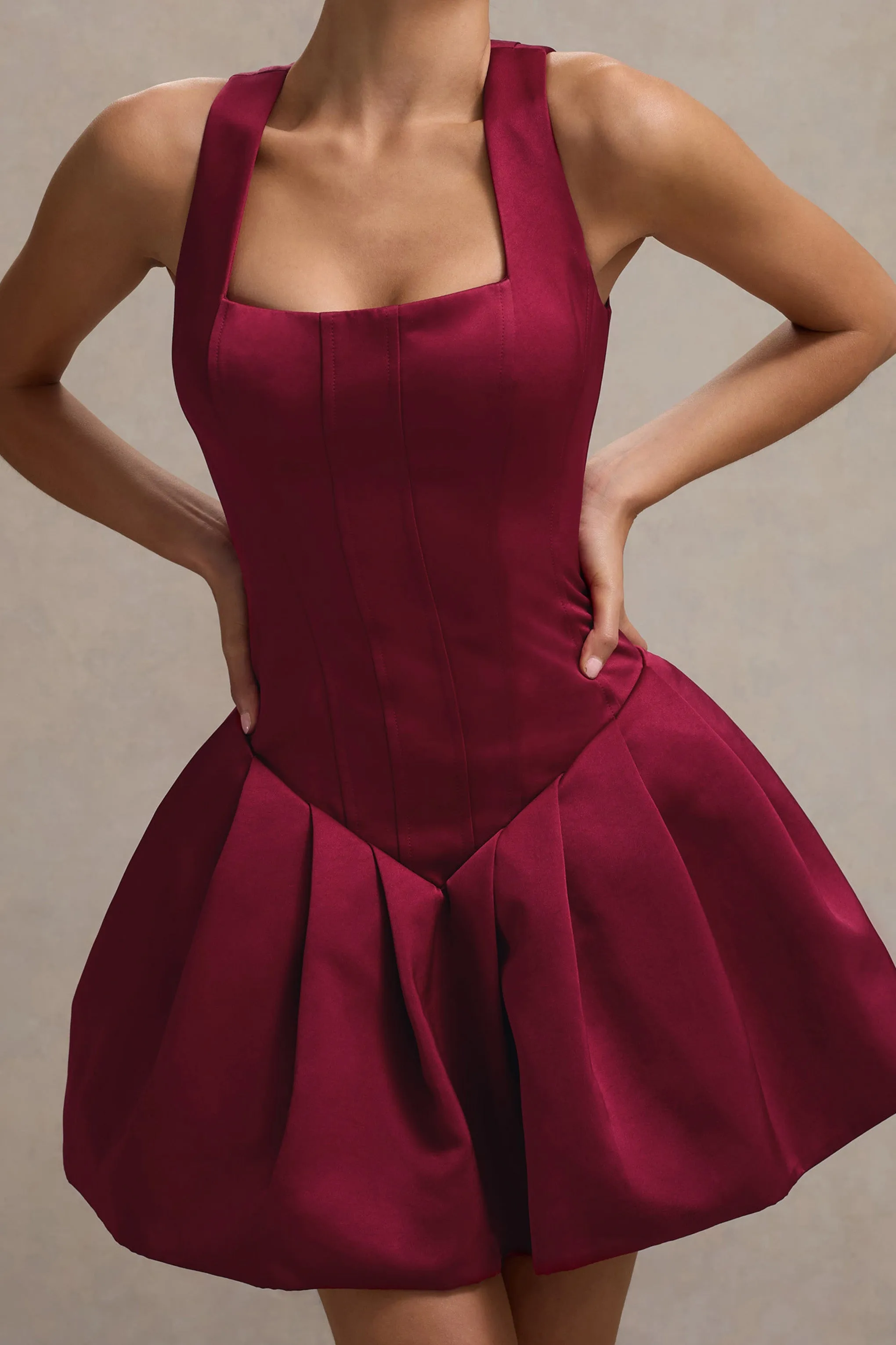 Bramble | Port Satin Square-Neck Puffball Mini Dress sold by Club L London product image thumbnail 3