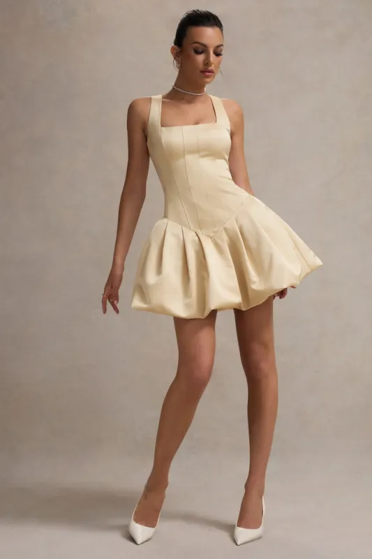 Bramble | Ivory Satin Square-Neck Puffball Mini Dress sold by Club L London