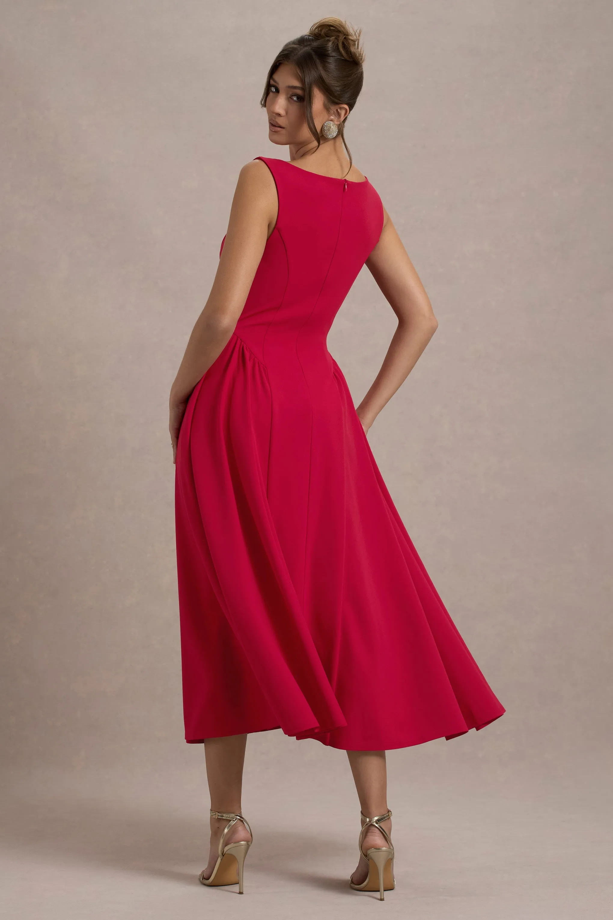 Muriel | Red Boat-Neck Volume-Hem Midi Dress sold by Club L London product image thumbnail 2