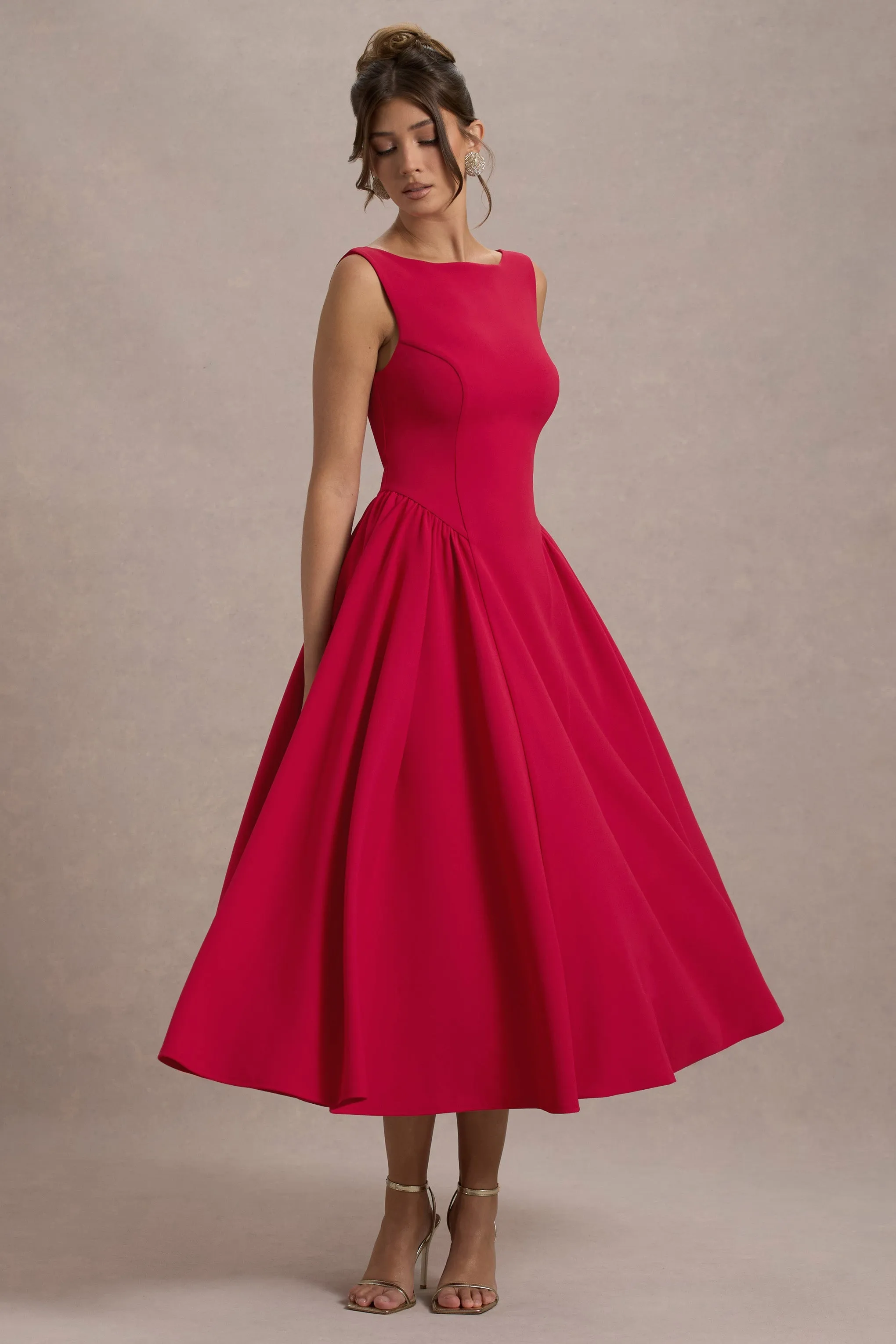 Muriel | Red Boat-Neck Volume-Hem Midi Dress sold by Club L London