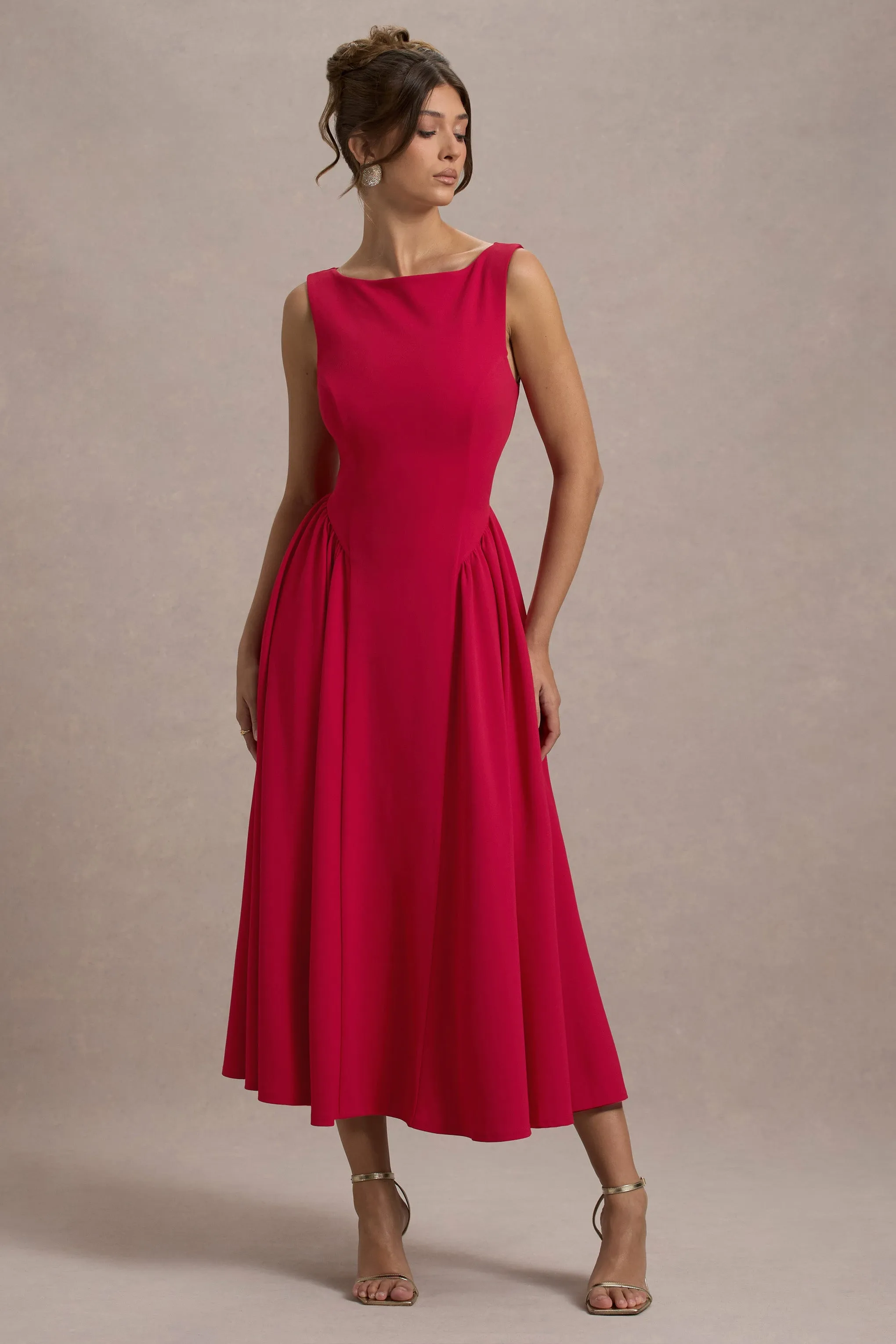 Muriel | Red Boat-Neck Volume-Hem Midi Dress sold by Club L London product image thumbnail 4