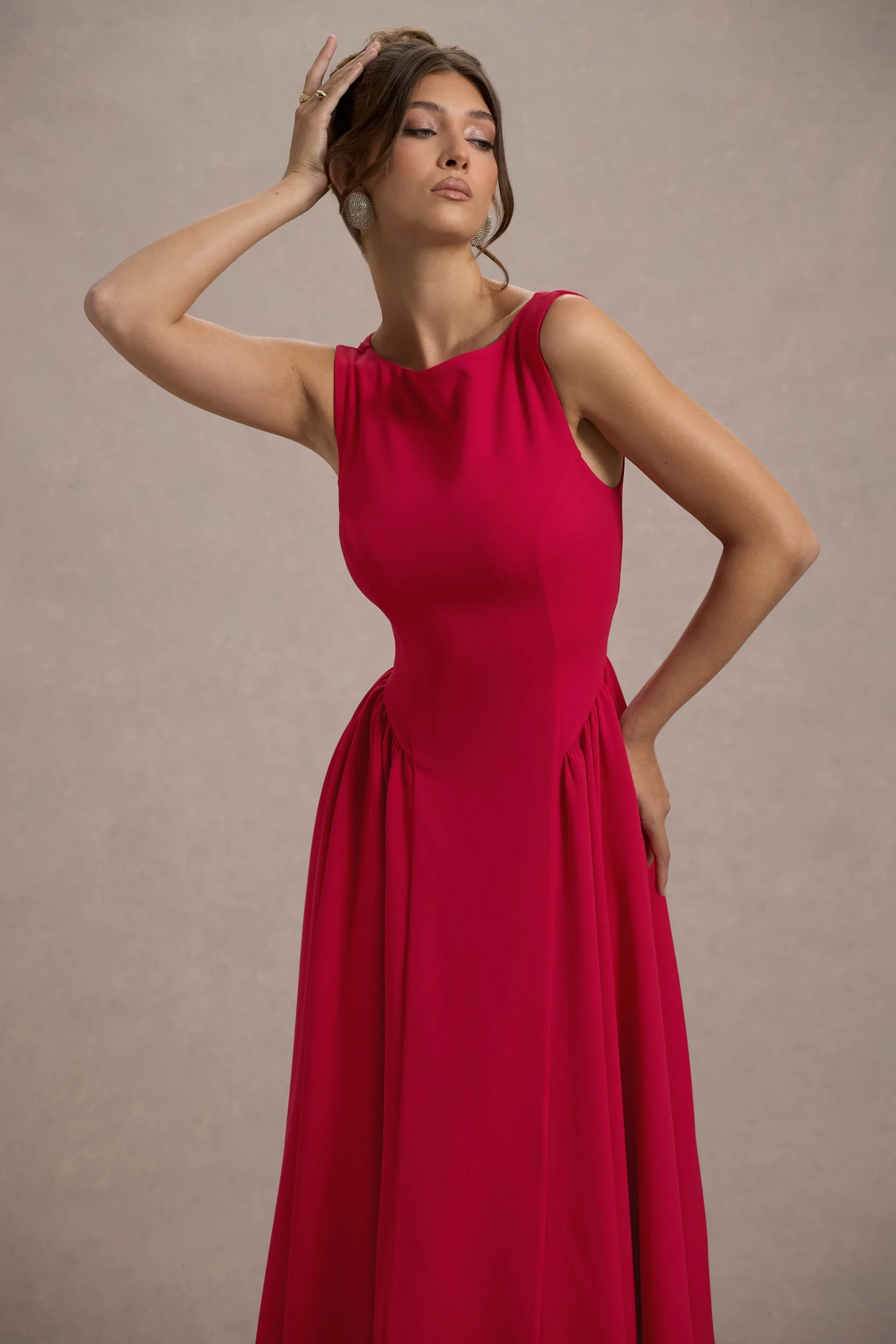 Muriel | Red Boat-Neck Volume-Hem Midi Dress sold by Club L London product image thumbnail 3