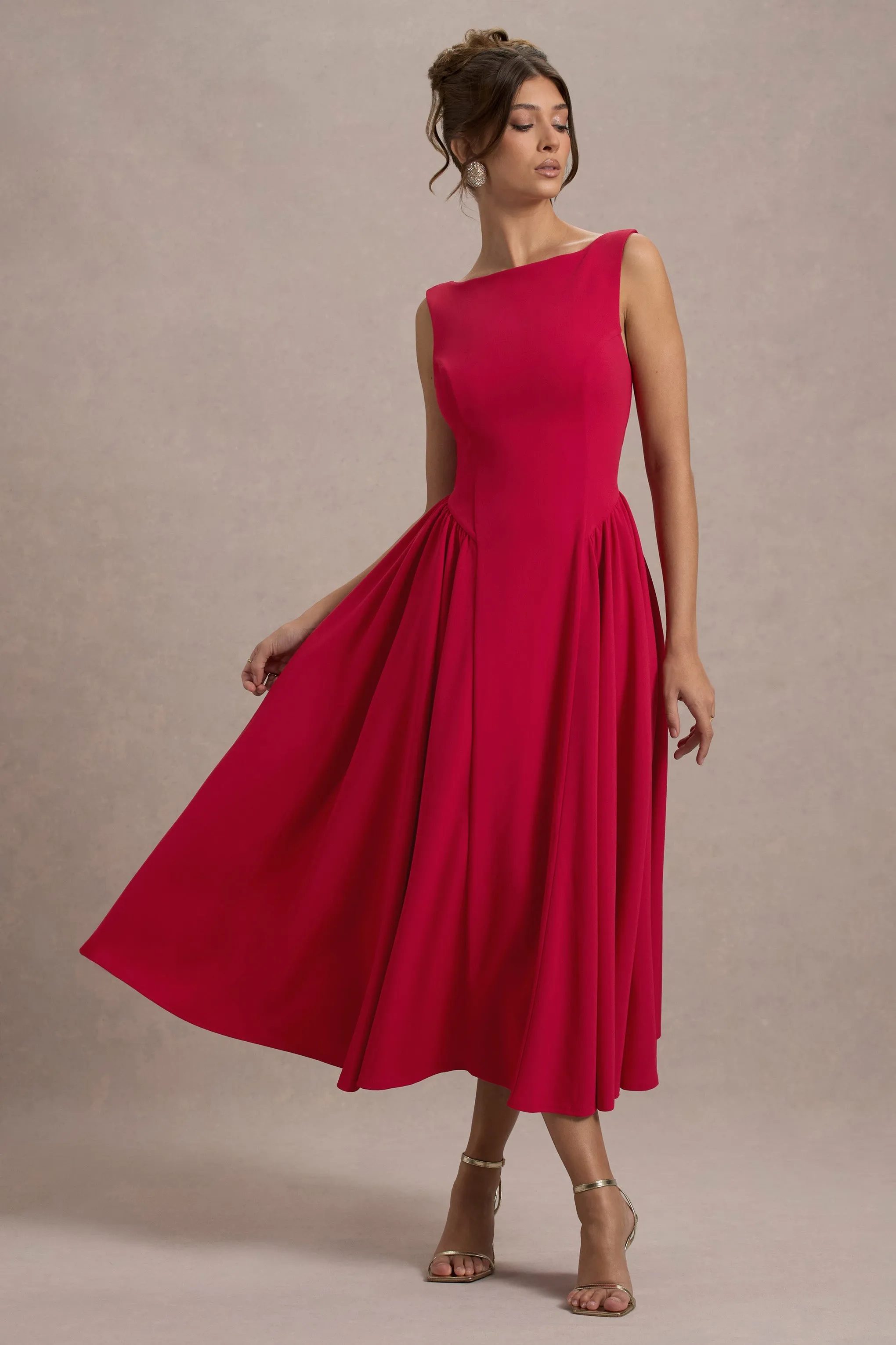 Muriel | Red Boat-Neck Volume-Hem Midi Dress sold by Club L London product image thumbnail 5