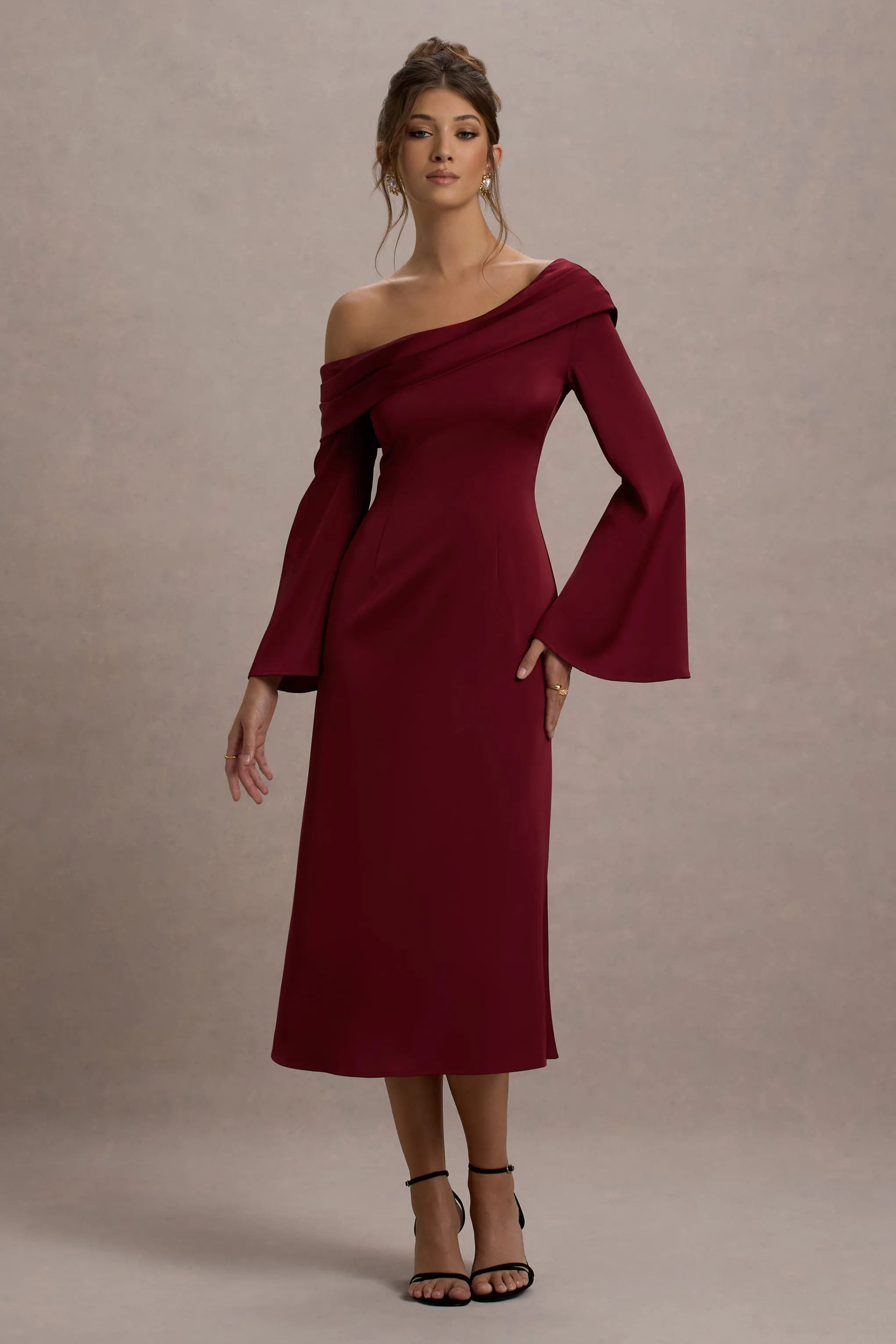 Astral | Port Satin Asymmetric Flared-Sleeve Midi Dress sold by Club L London