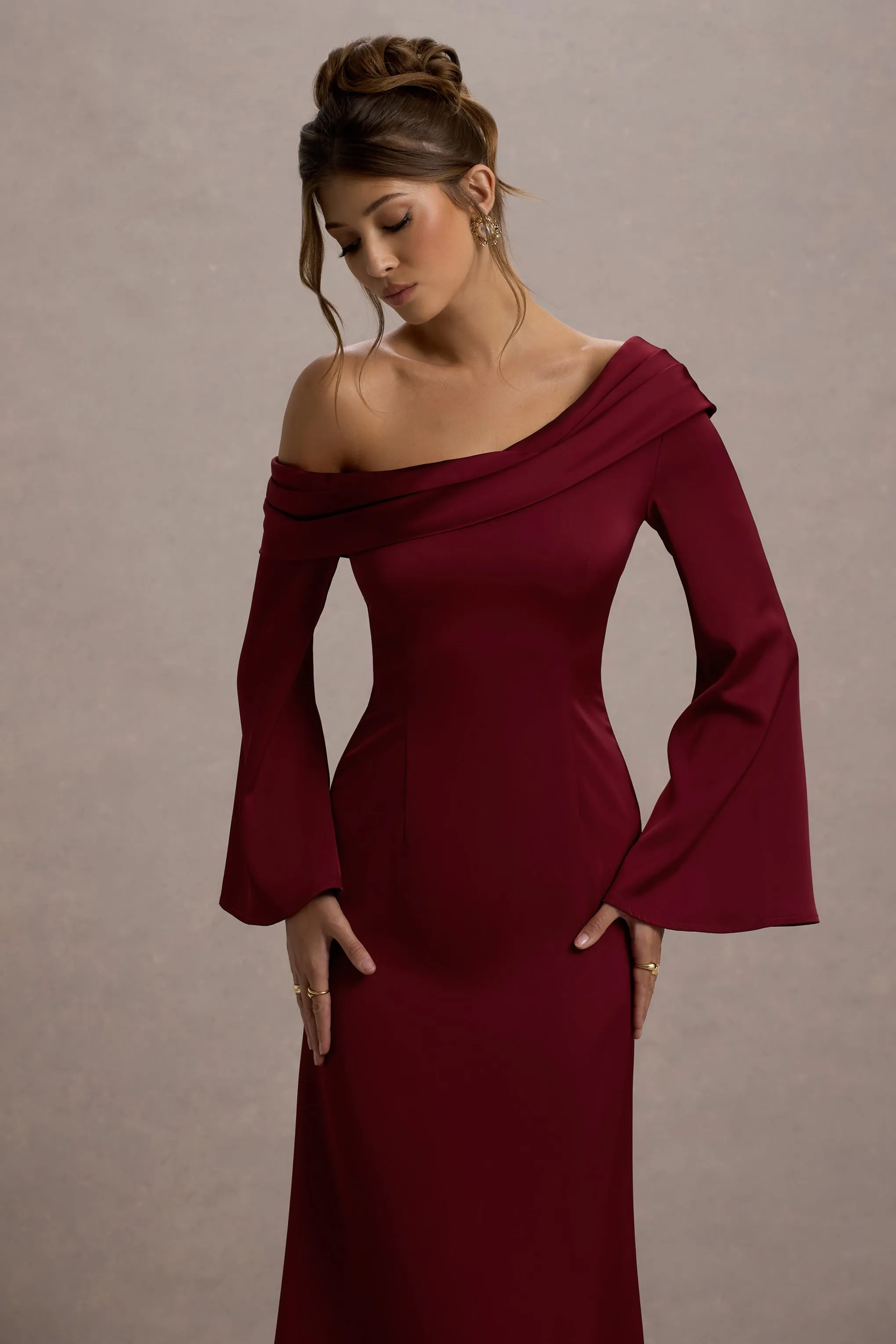 Astral | Port Satin Asymmetric Flared-Sleeve Midi Dress sold by Club L London product image thumbnail 3