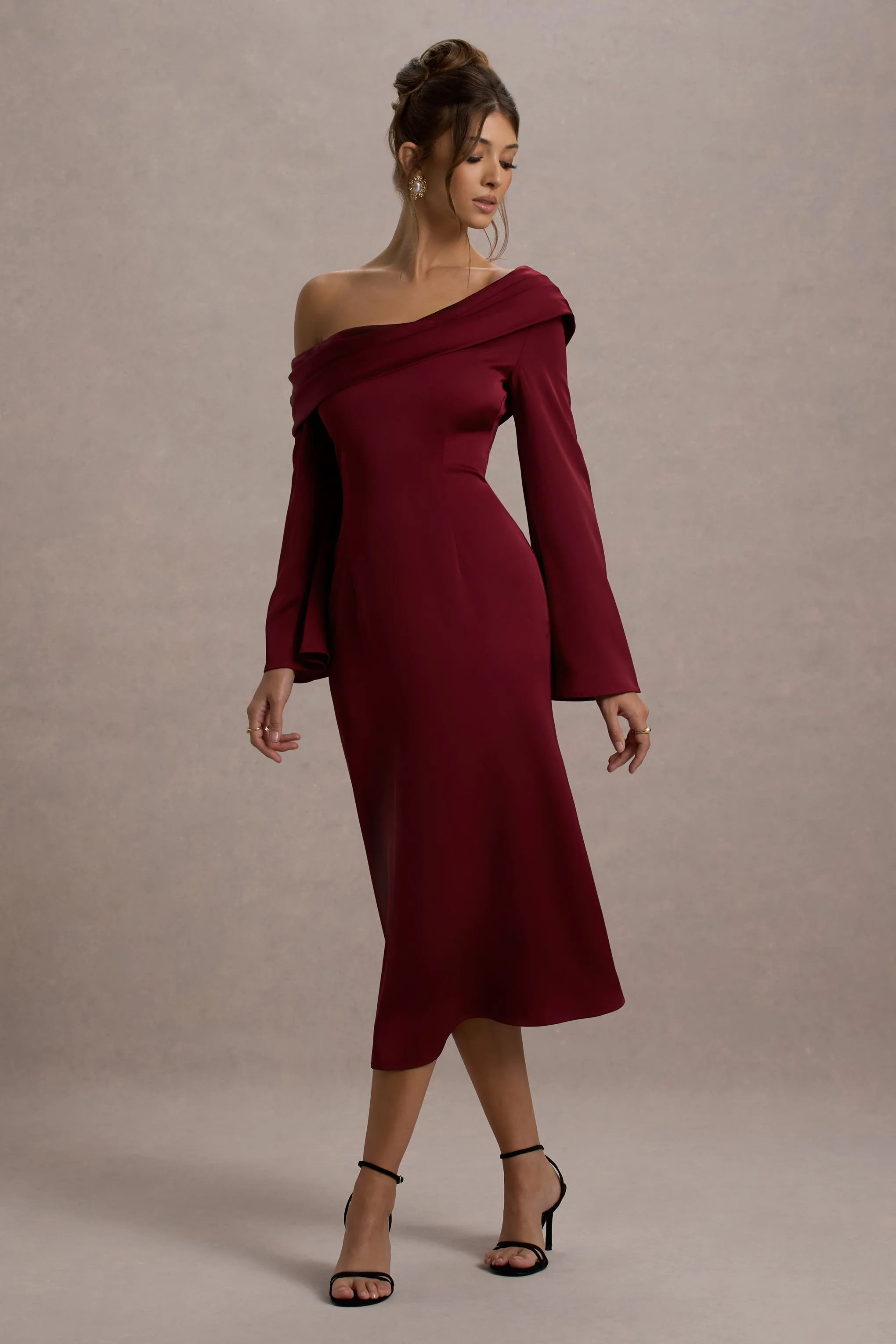 Astral | Port Satin Asymmetric Flared-Sleeve Midi Dress sold by Club L London product image thumbnail 4