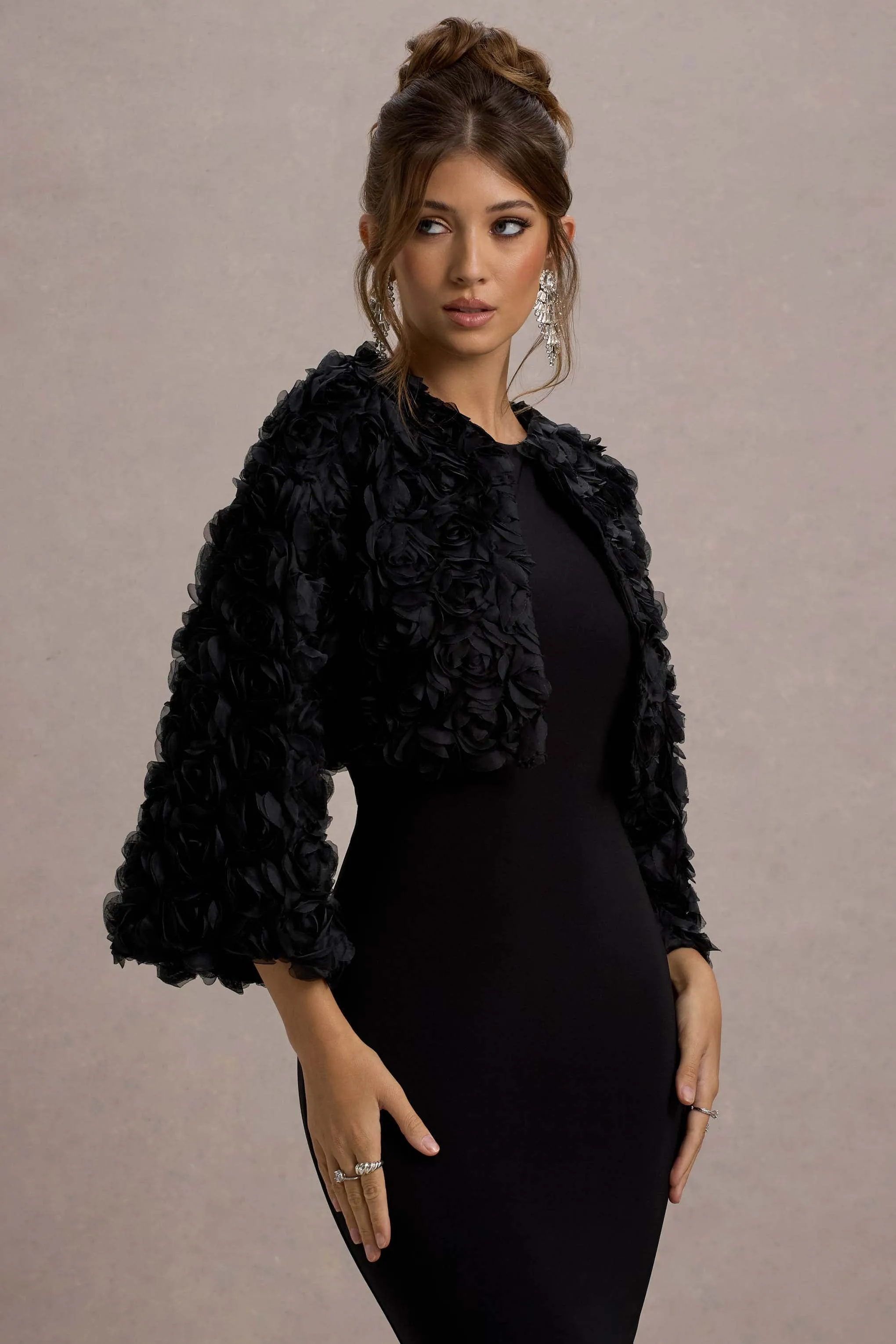 Tulip Twirl | Black Mesh Floral Cropped Jacket sold by Club L London product image thumbnail 3