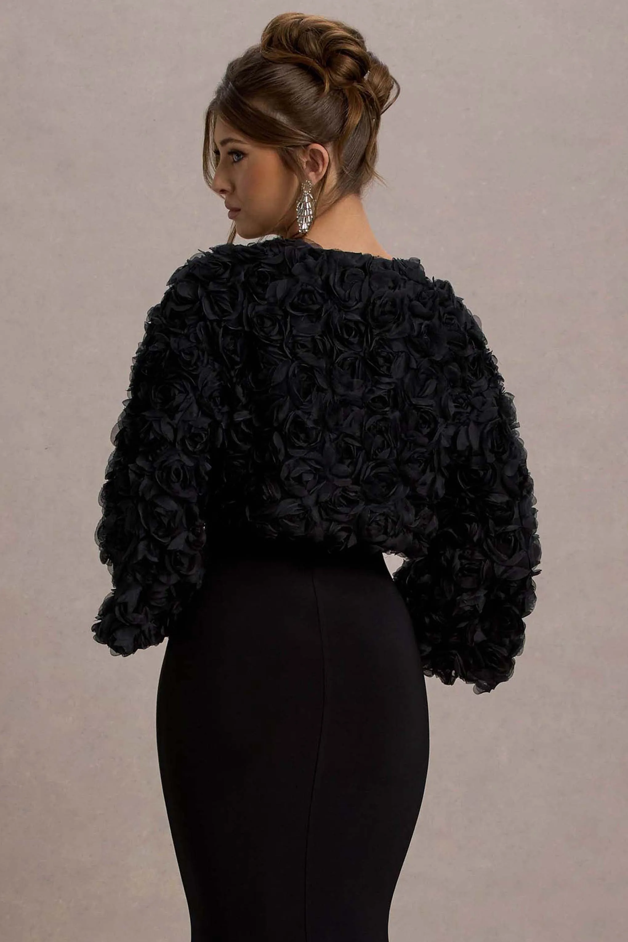 Tulip Twirl | Black Mesh Floral Cropped Jacket sold by Club L London product image thumbnail 2