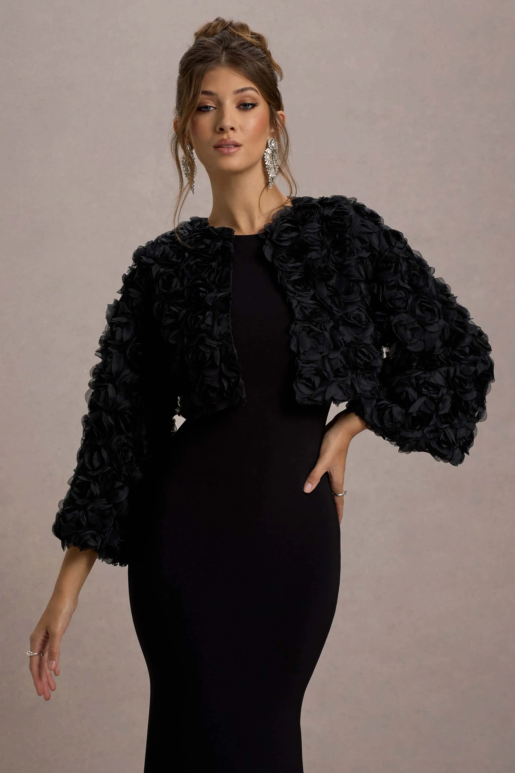 Tulip Twirl | Black Mesh Floral Cropped Jacket sold by Club L London product image thumbnail 4