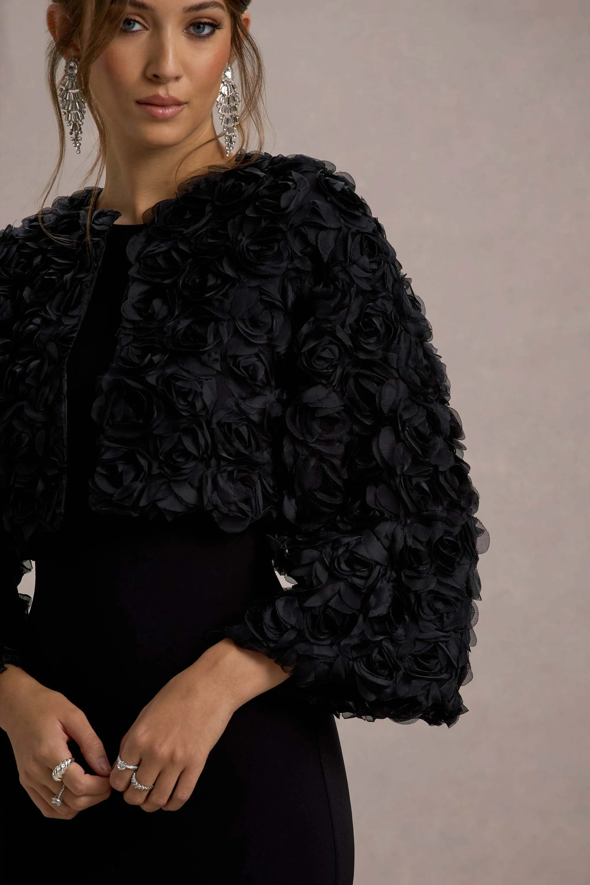 Tulip Twirl | Black Mesh Floral Cropped Jacket sold by Club L London product image thumbnail 5