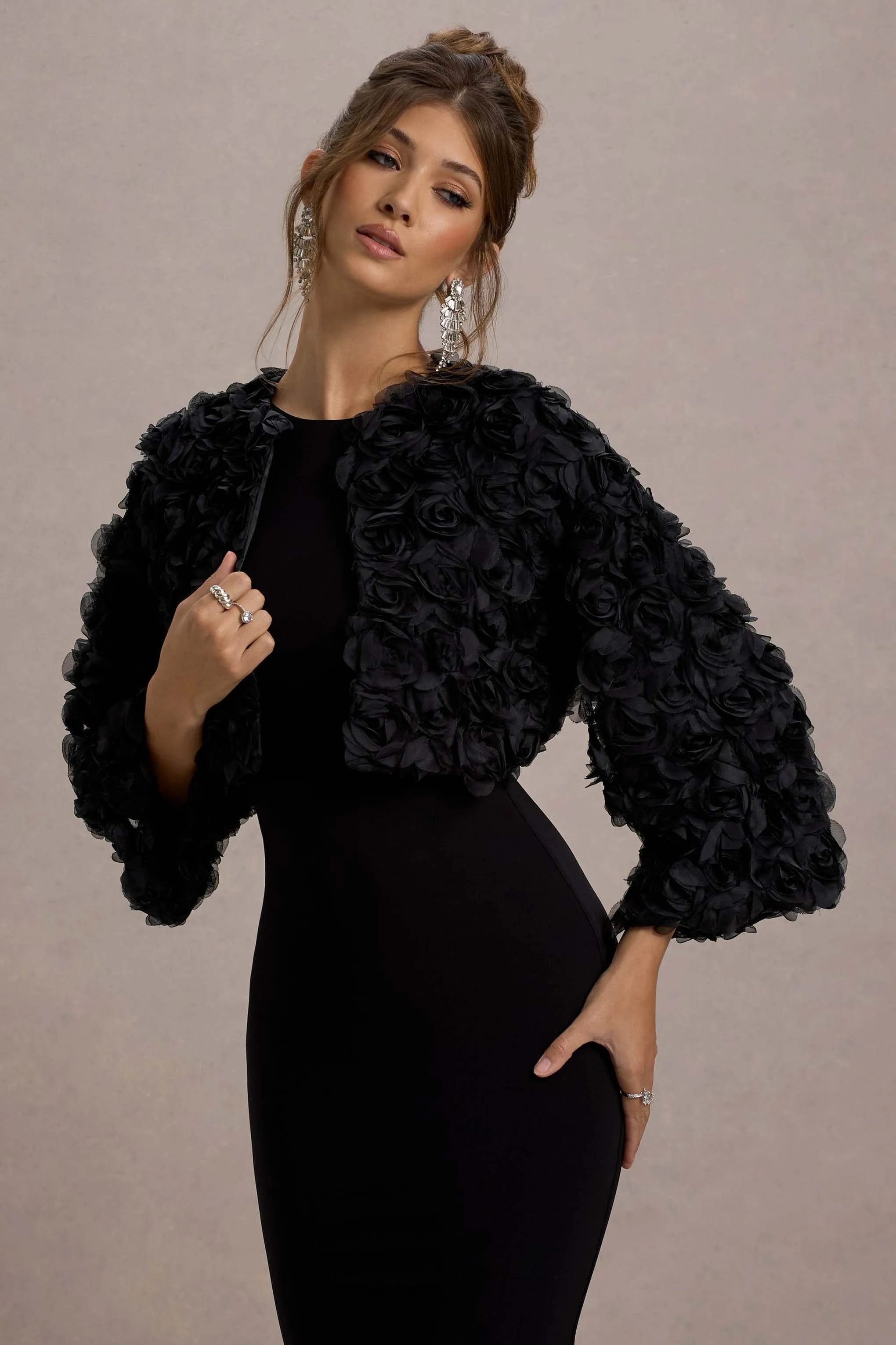 Tulip Twirl | Black Mesh Floral Cropped Jacket sold by Club L London