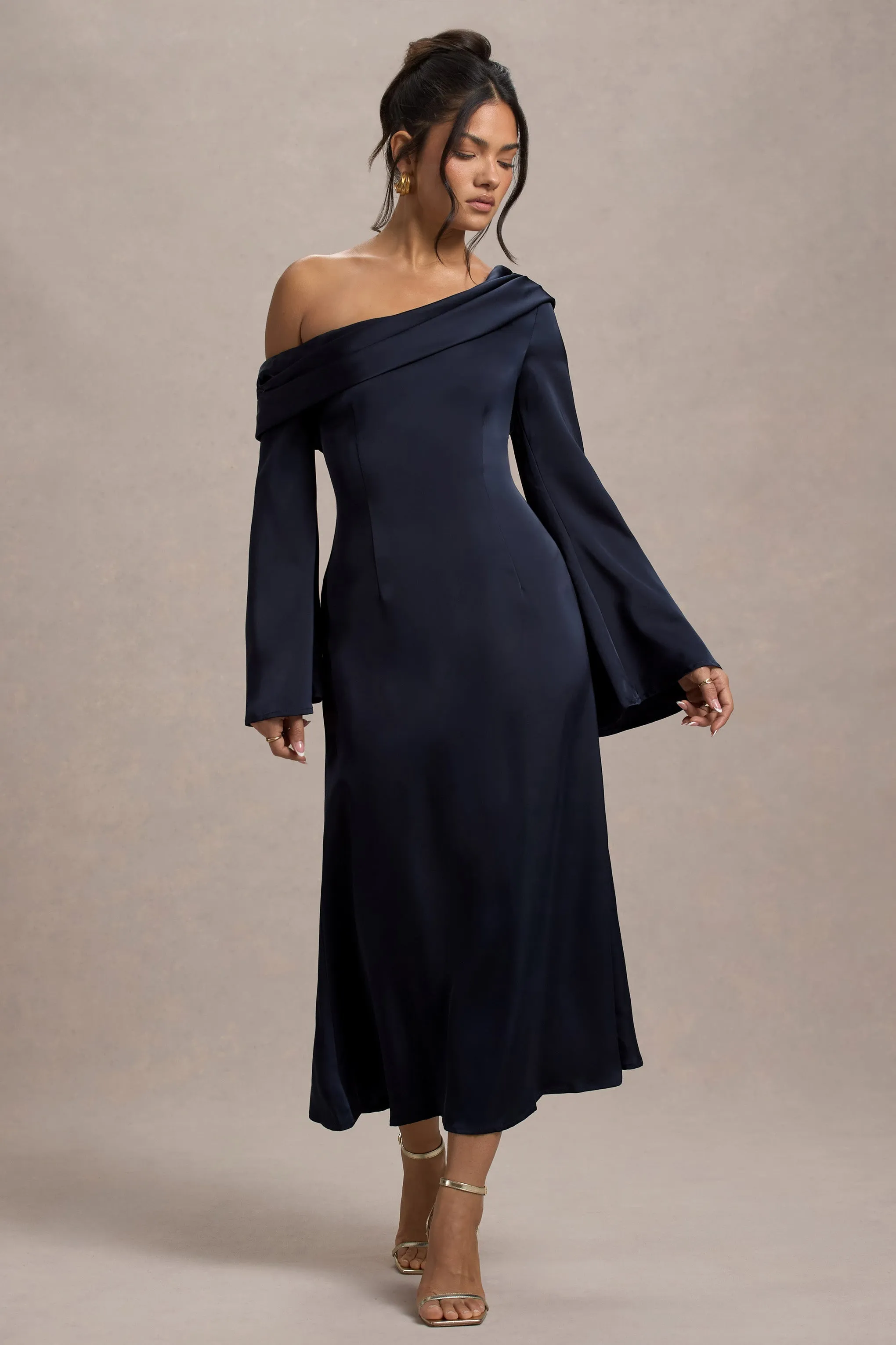 Astral | Navy Satin Asymmetric Flared-Sleeve Midi Dress sold by Club L London product image thumbnail 5