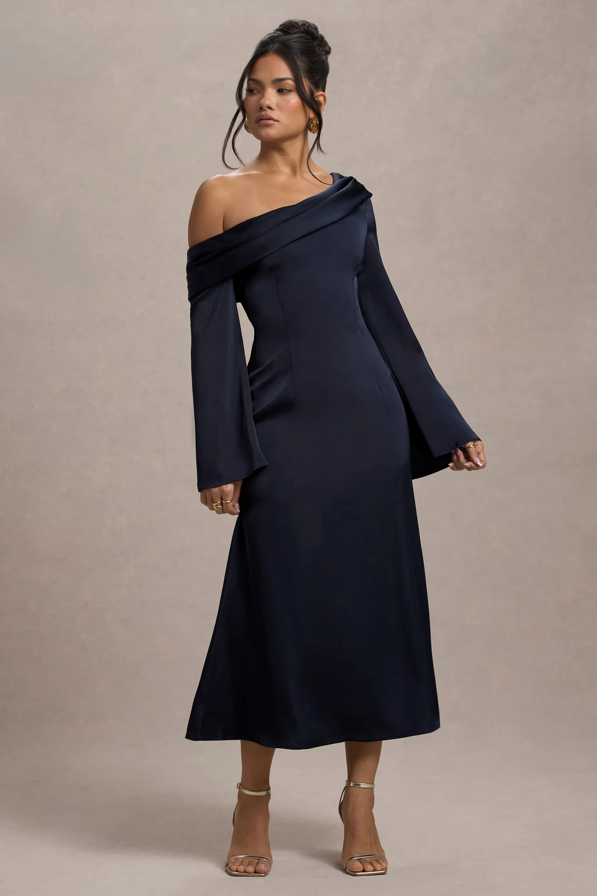 Astral | Navy Satin Asymmetric Flared-Sleeve Midi Dress sold by Club L London product image thumbnail 4