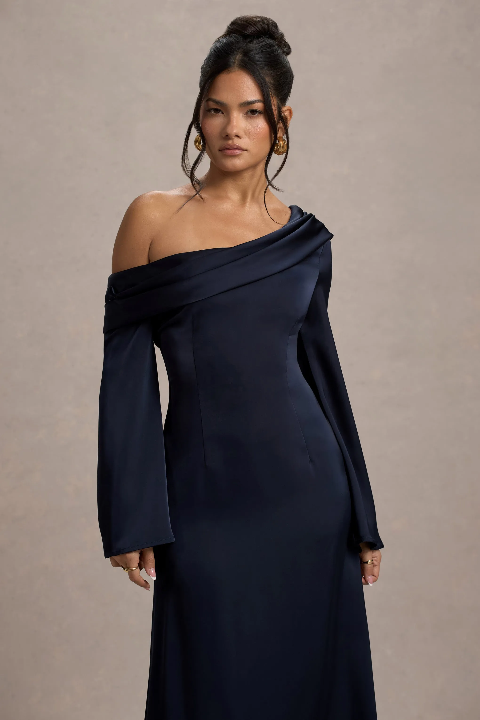 Astral | Navy Satin Asymmetric Flared-Sleeve Midi Dress sold by Club L London product image thumbnail 3