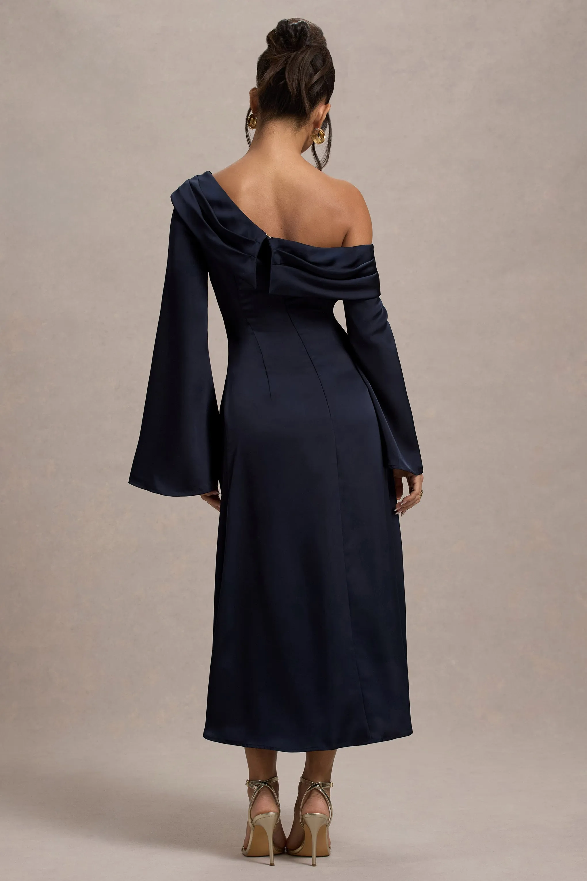 Astral | Navy Satin Asymmetric Flared-Sleeve Midi Dress sold by Club L London product image thumbnail 2