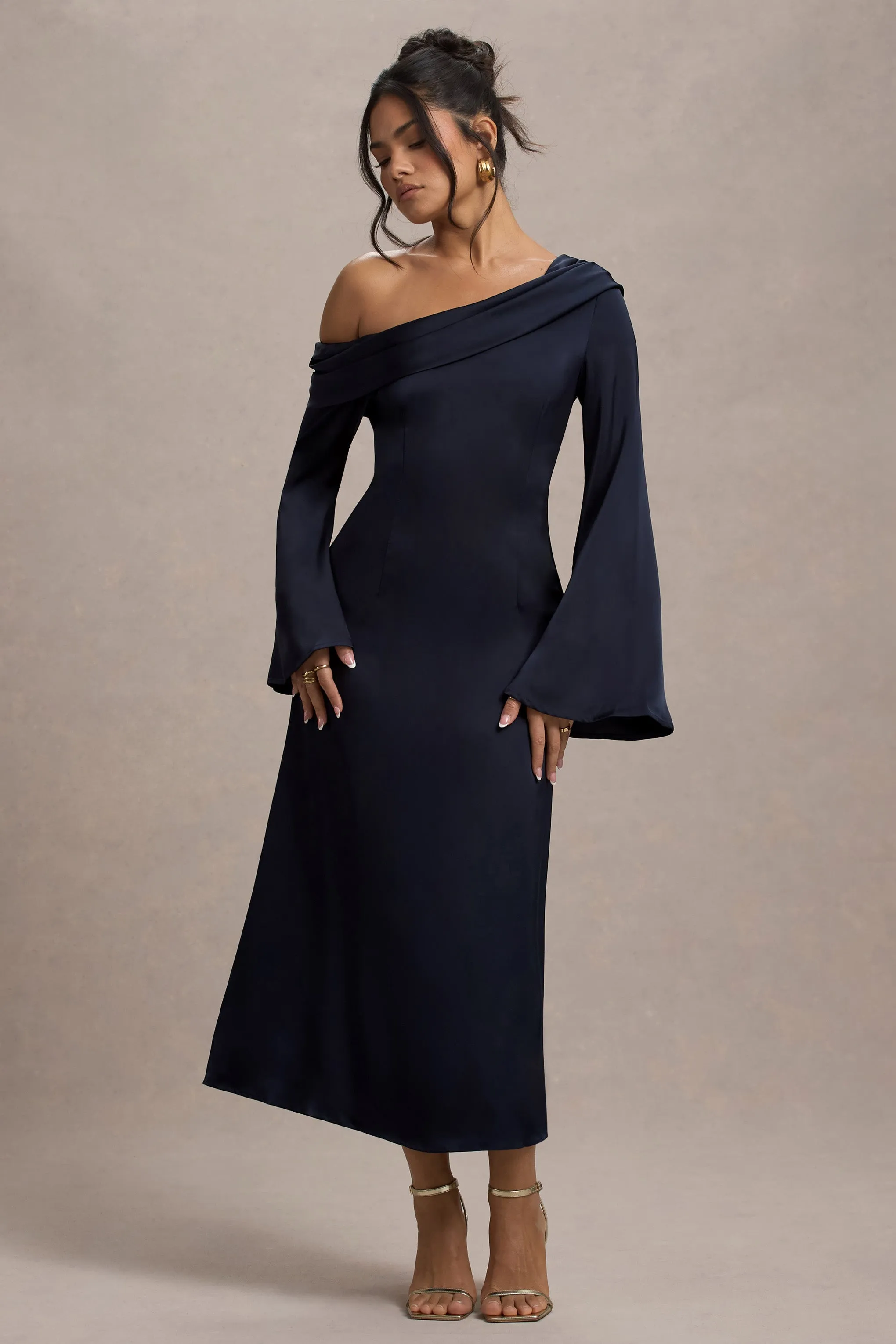 Astral | Navy Satin Asymmetric Flared-Sleeve Midi Dress sold by Club L London