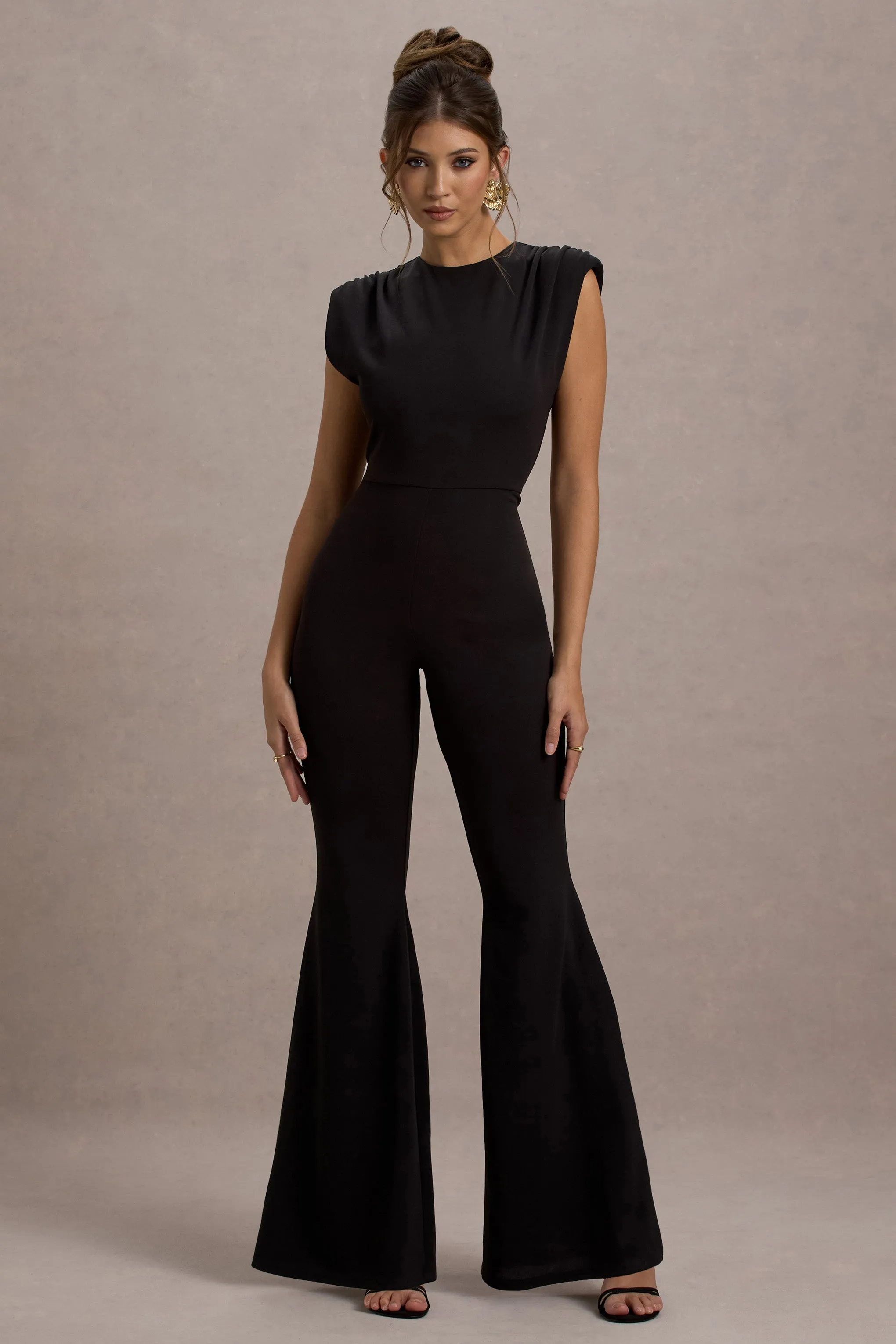 Elyna | Black High-Neck Draped Flared-Leg Jumpsuit sold by Club L London product image thumbnail 5