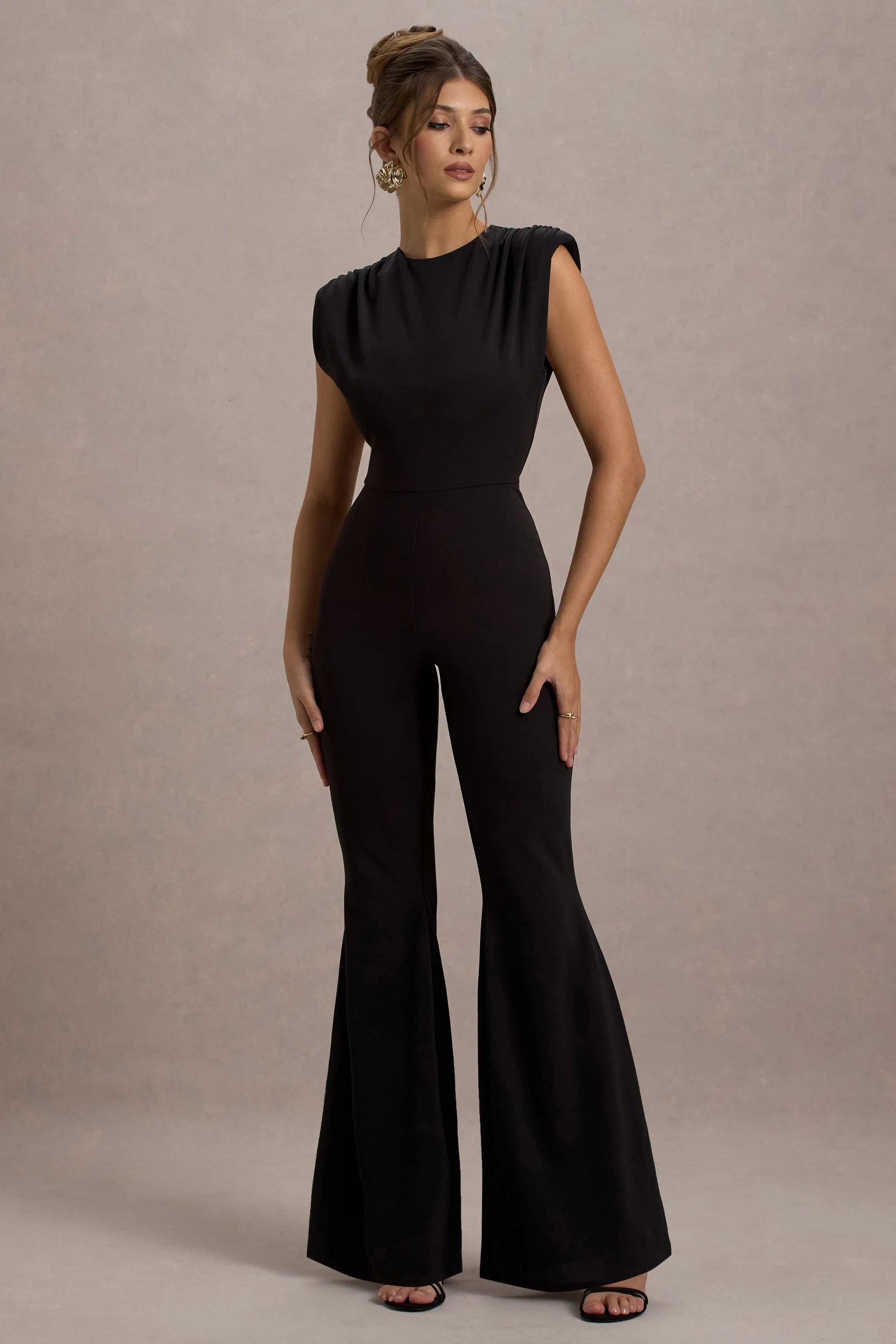 Elyna | Black High-Neck Draped Flared-Leg Jumpsuit sold by Club L London product image thumbnail 2