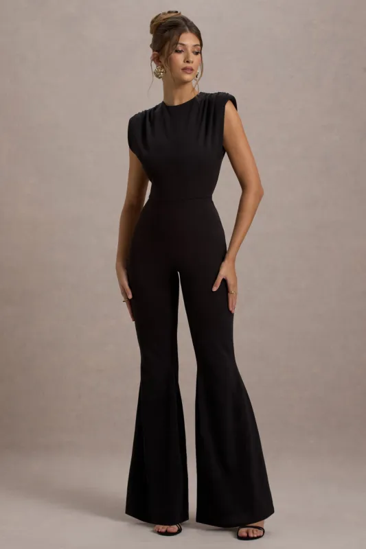 Elyna | Black High-Neck Draped Flared-Leg Jumpsuit sold by Club L London